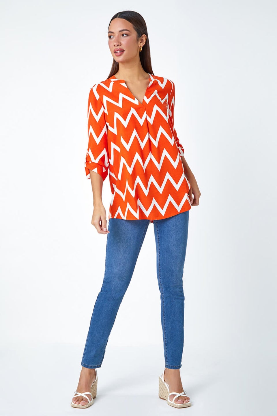 Roman Orange Zig Zag Print V-Neck Pleat Detail Tunic Top