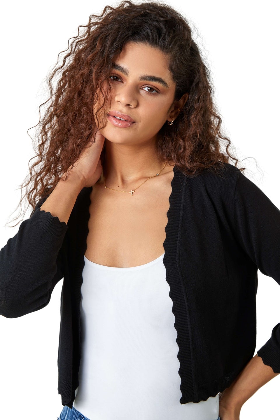 Roman Black Scalloped Edge Stretch Knit Shrug Matalan