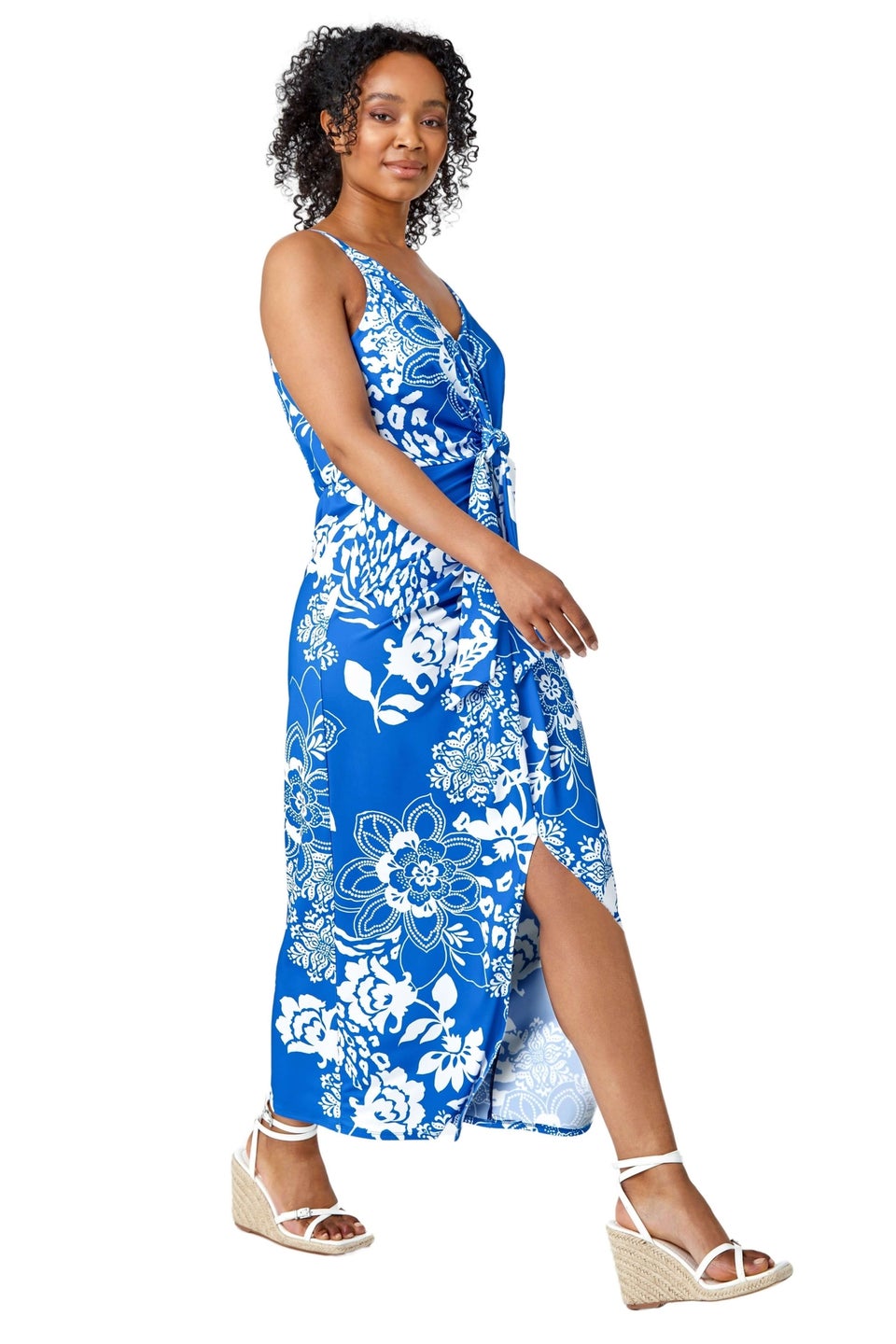 Roman Petite Blue Petite Floral Knot Stretch Maxi Dress - Matalan