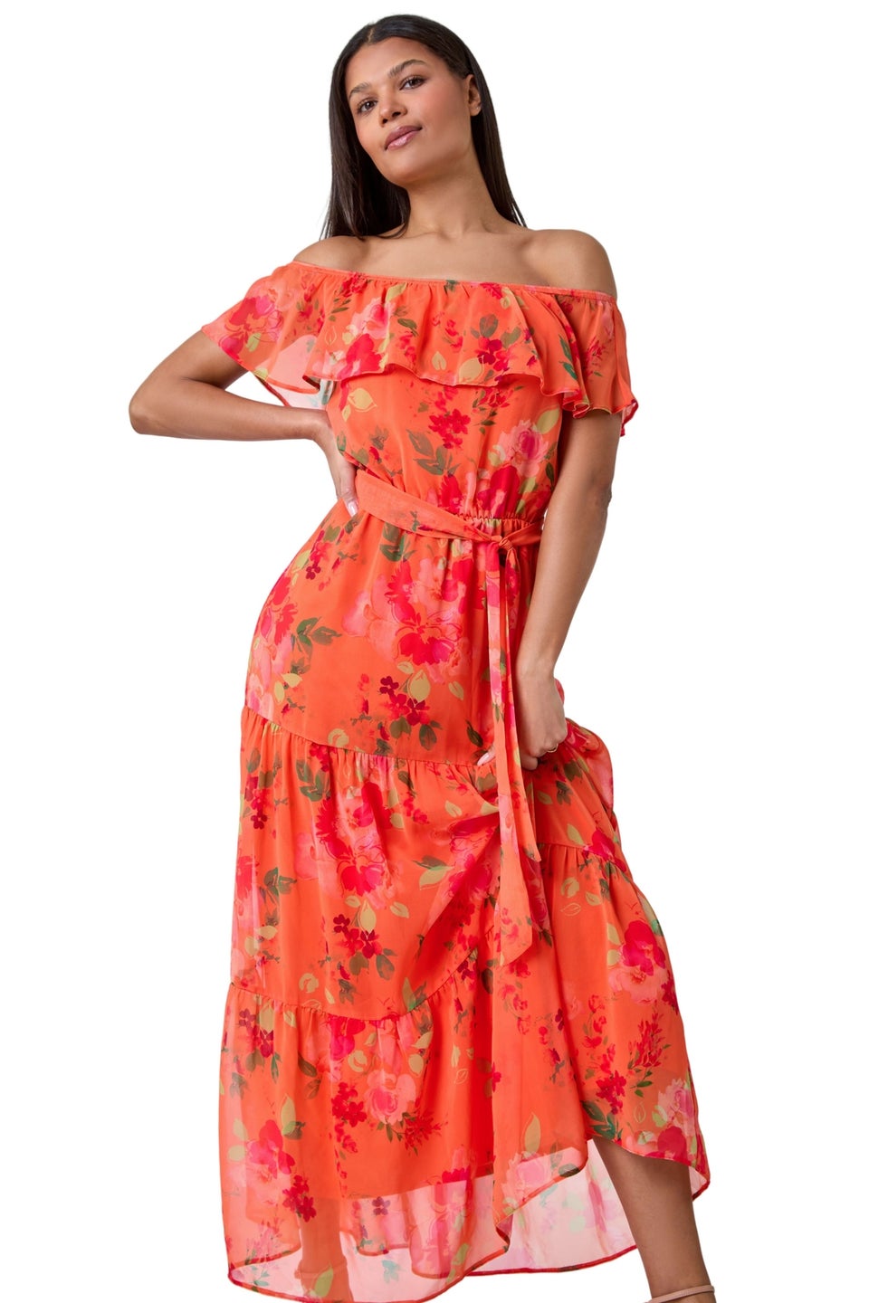 Roman Orange Floral Tiered Bardot Belted Dress Matalan