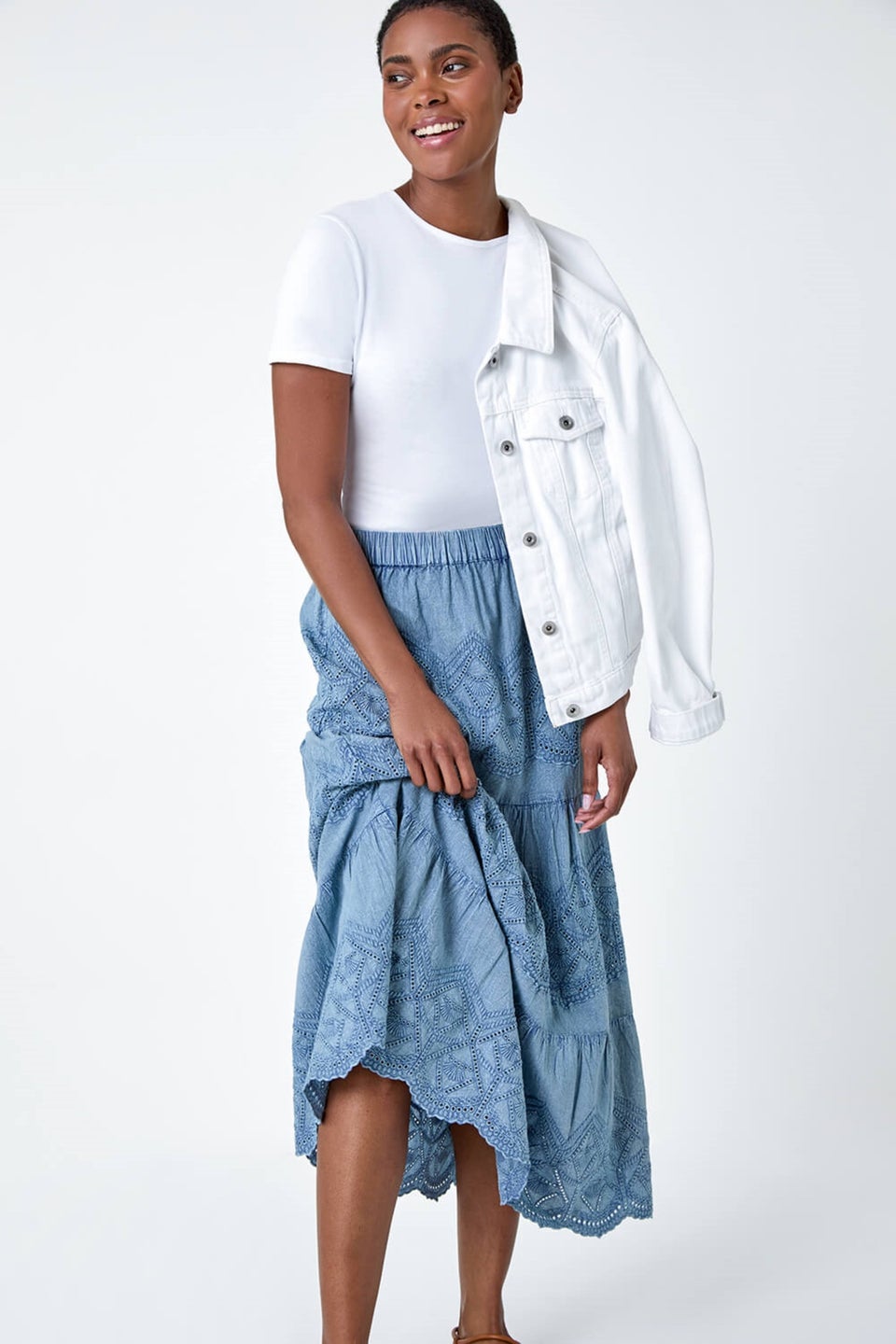 Roman Denim Broderie Elastic Waist A Line Tiered Midi Skirt