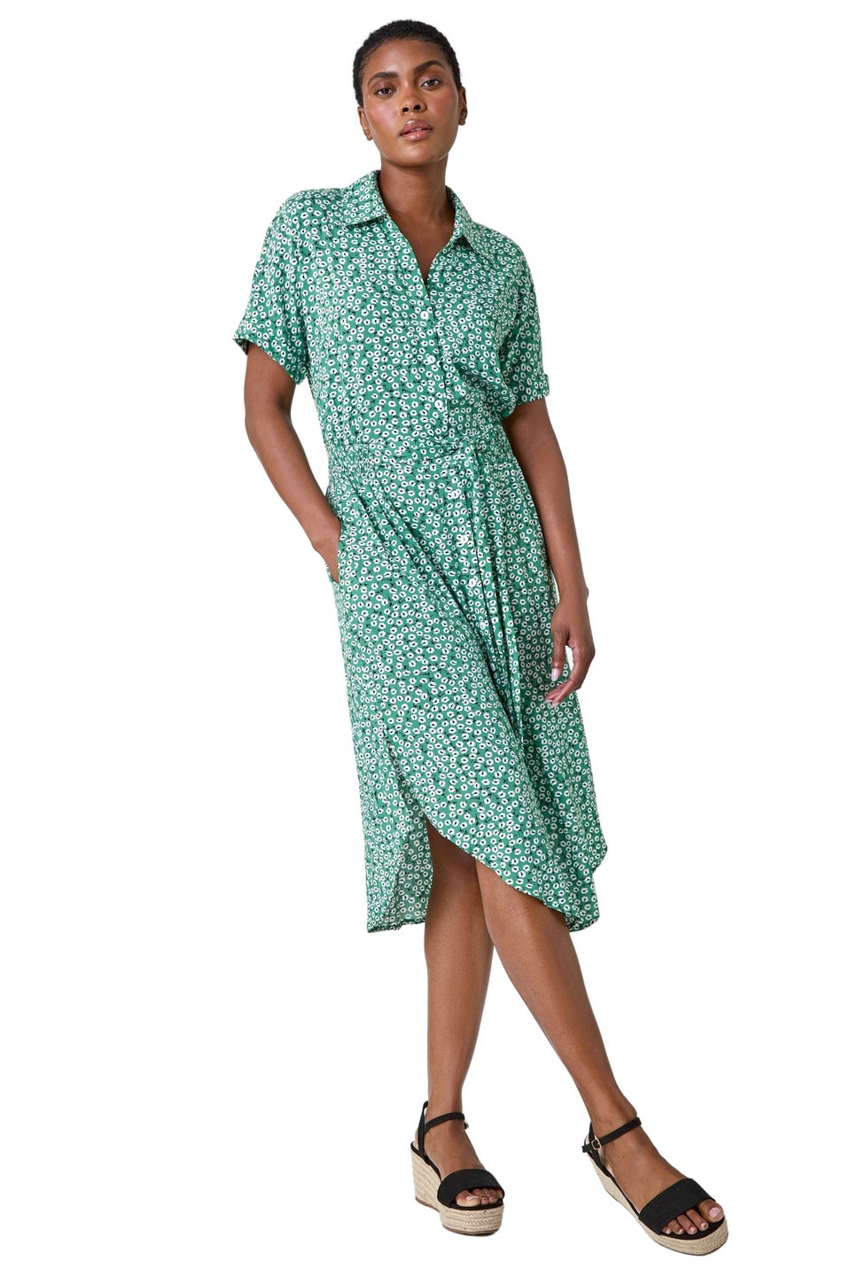 Roman Green Ditsy Floral Print Shirt Dress - Matalan