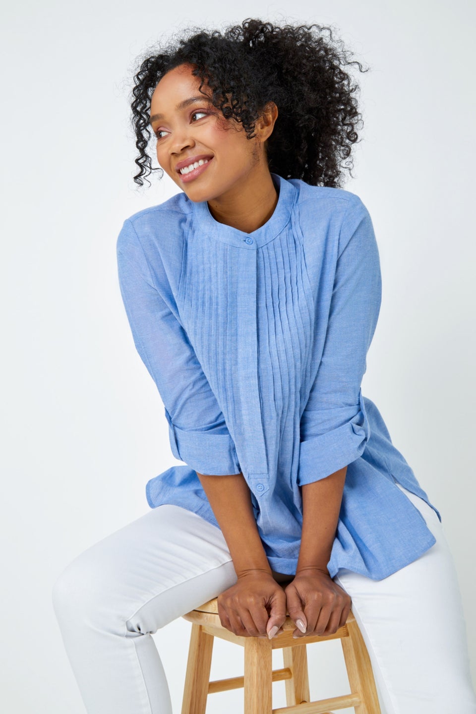 Roman Blue Petite Collarless Cotton Shirt