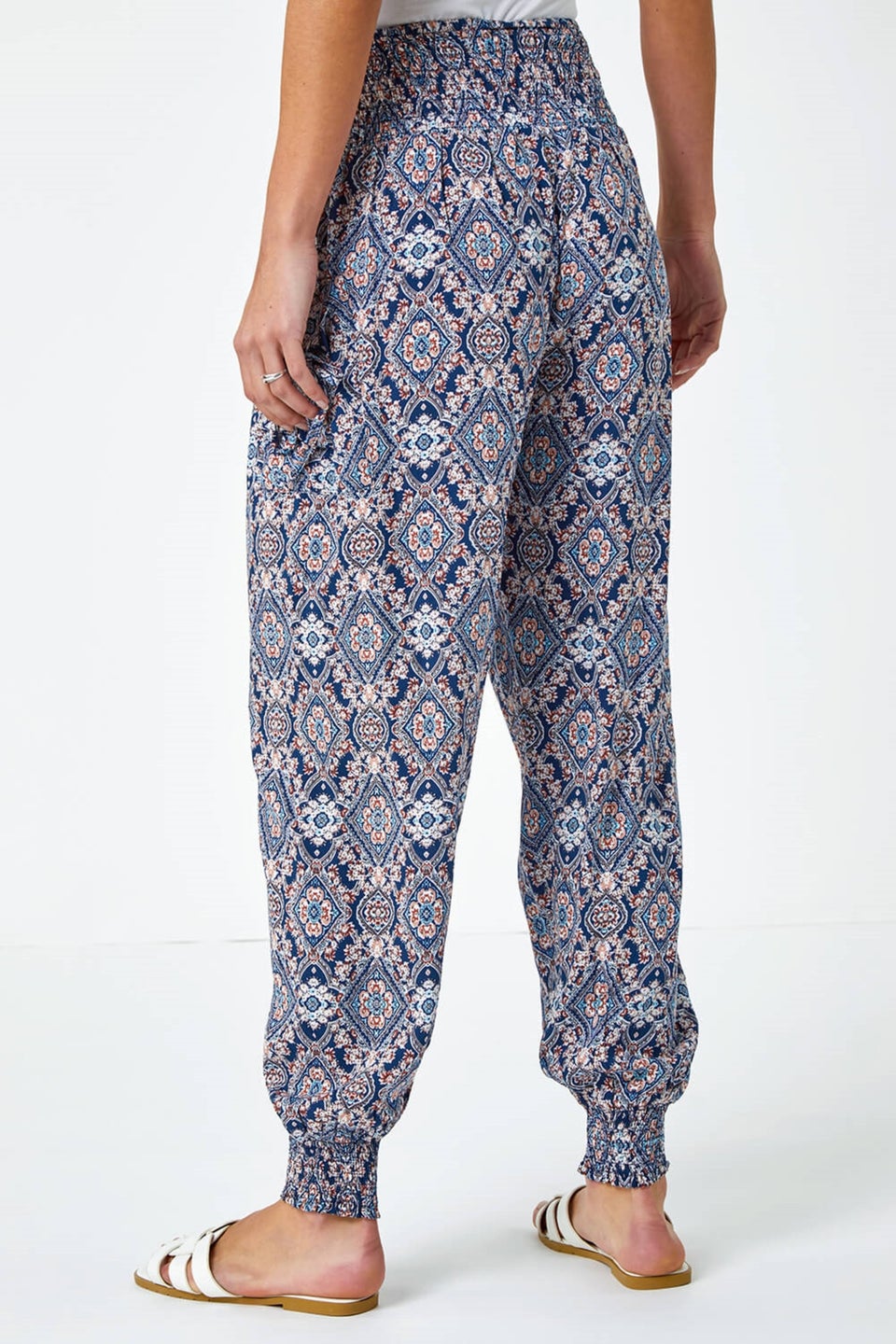 Roman Navy Paisley Shirred Elastic Waist Hareem Trousers