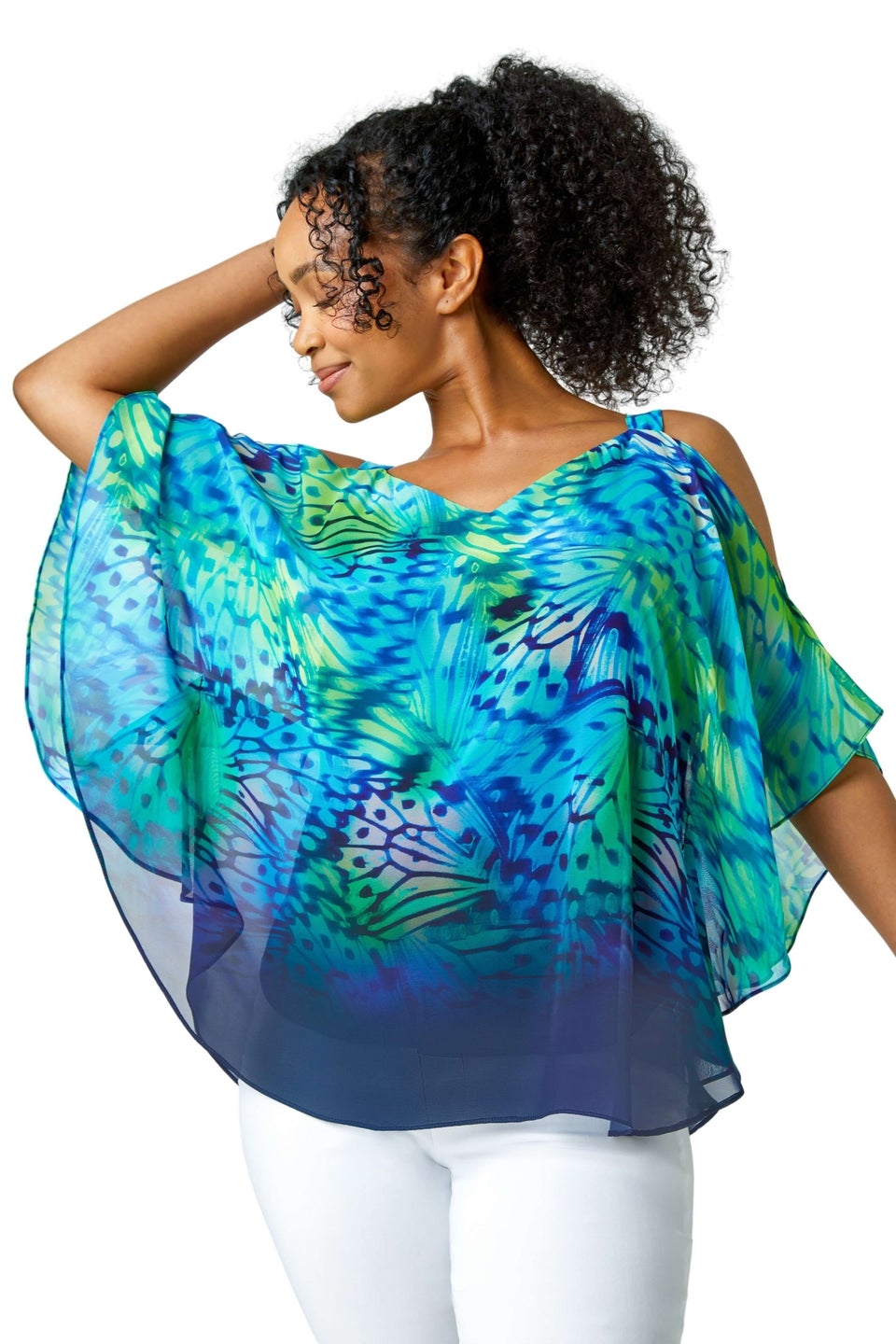 Roman Turquoise Petite Butterfly V-Neck Cold Shoulder Top