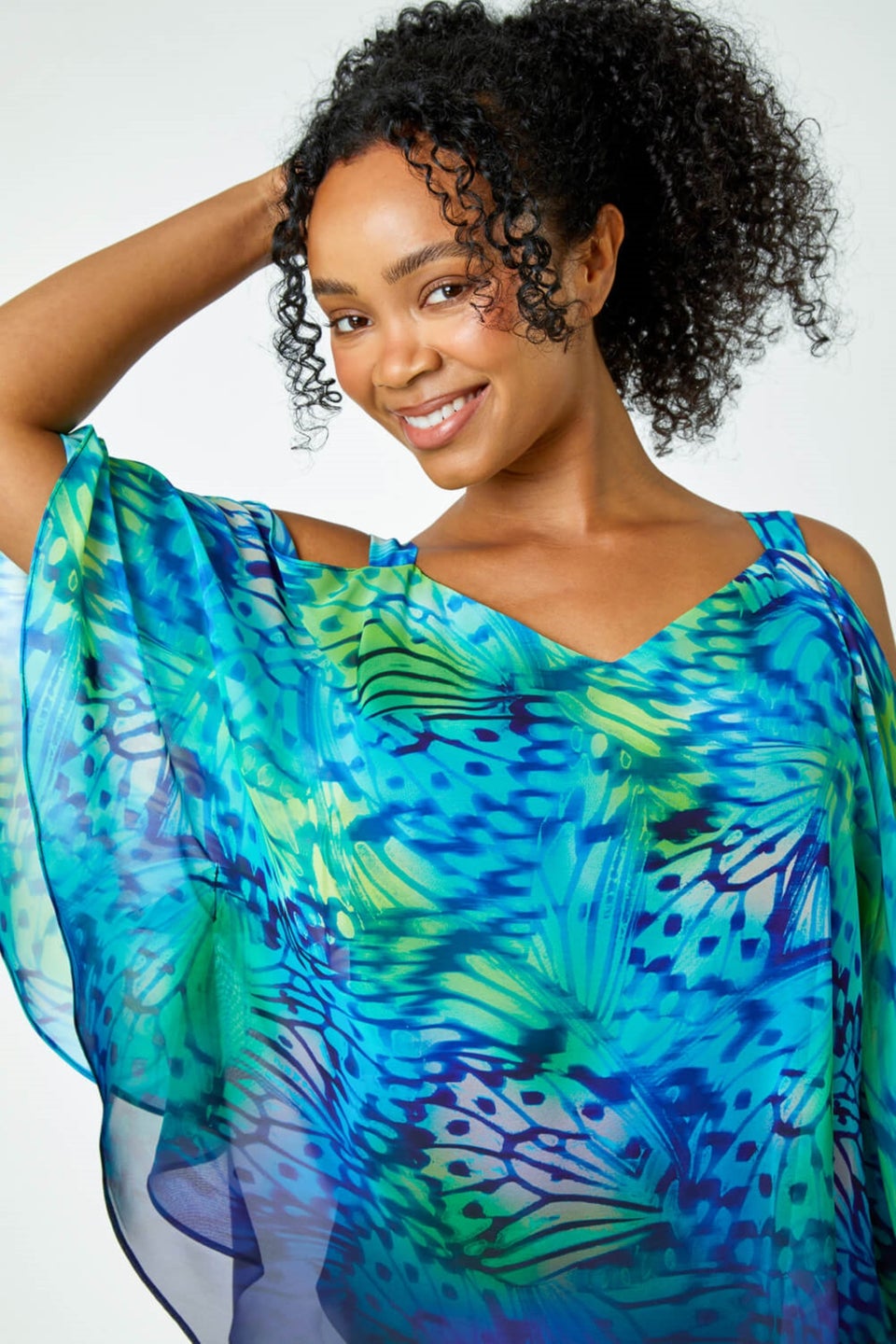 Roman Turquoise Petite Butterfly V-Neck Cold Shoulder Top