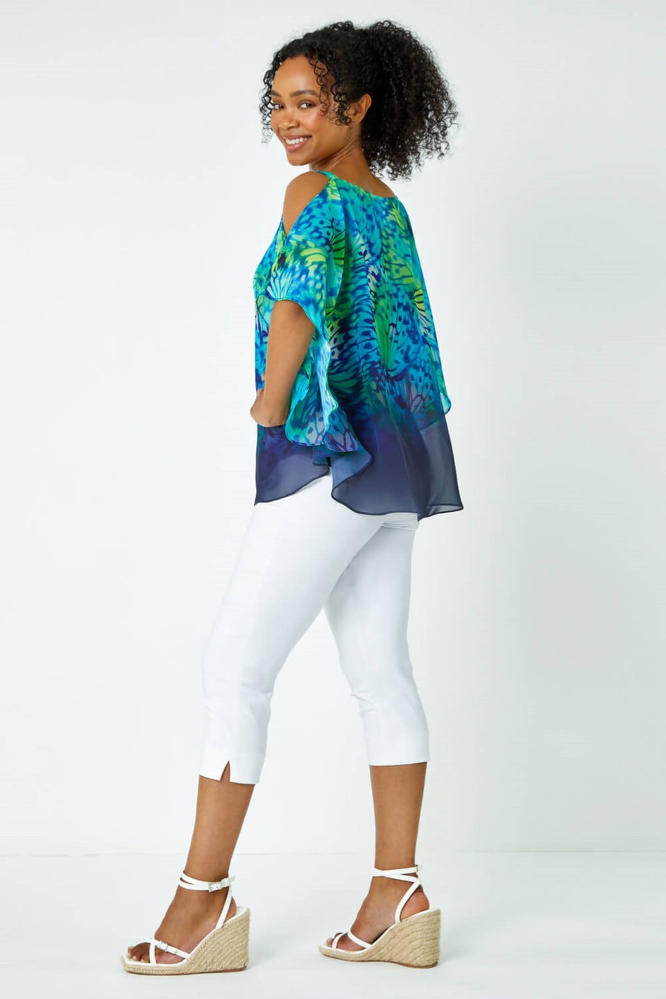 Roman Turquoise Petite Butterfly V-Neck Cold Shoulder Top