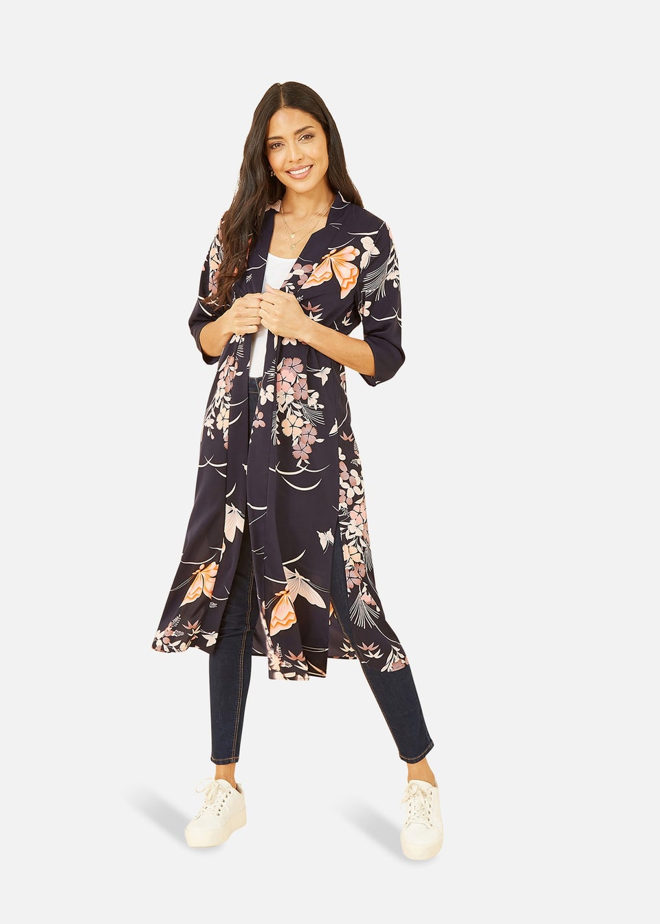 Yumi Navy Butterfly Print Long Kimono Matalan