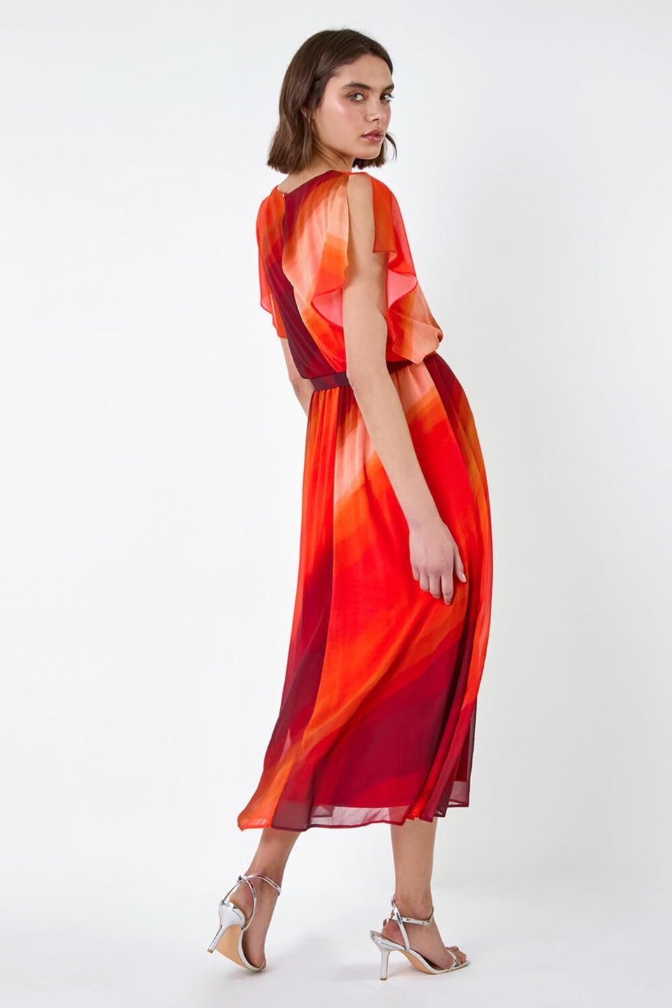 Roman Orange Ombre Cape Sleeve Midi Dress