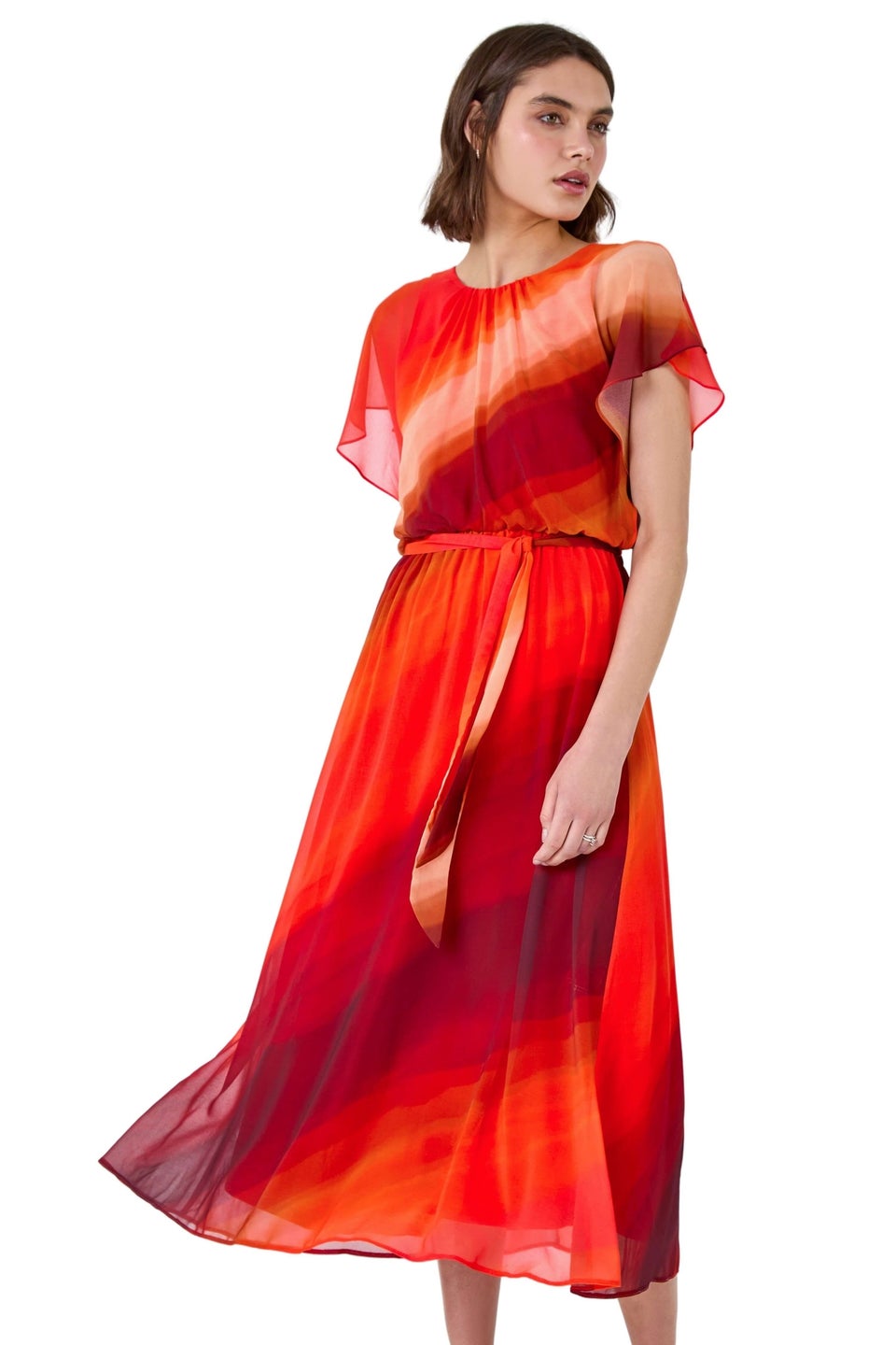 Roman Orange Ombre Cape Sleeve Midi Dress