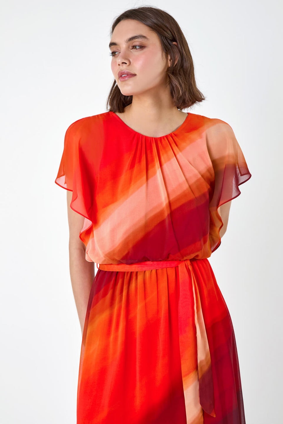 Roman Orange Ombre Cape Sleeve Midi Dress