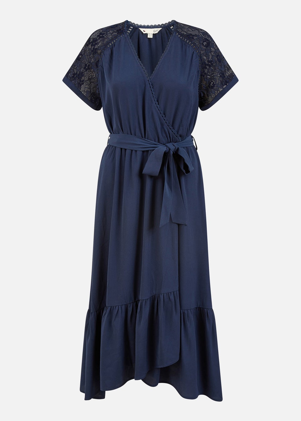 Yumi Navy Lace Sleeve Midi Wrap Over Dress