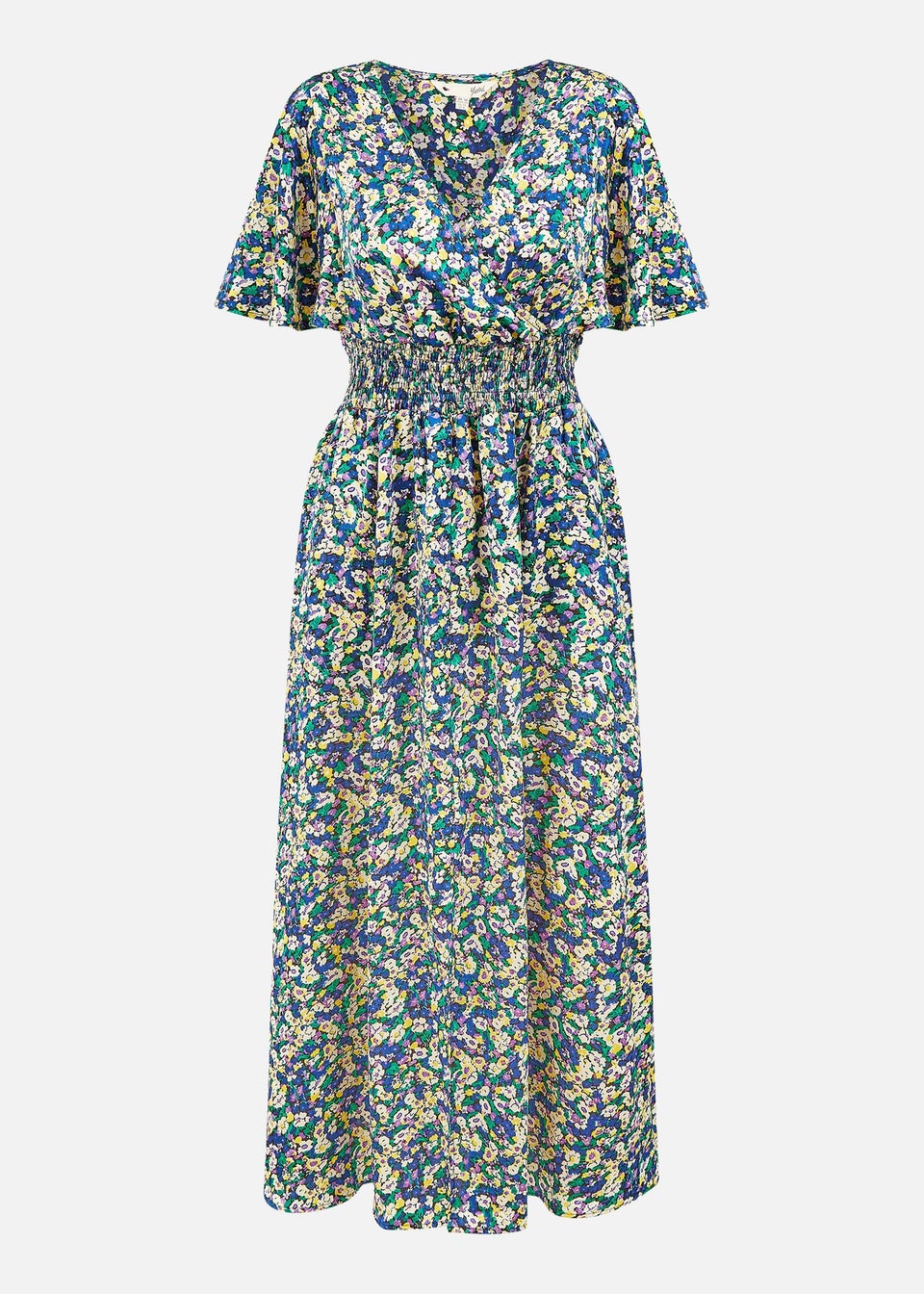 Yumi Blue Satin Ditsy Print Wrap Maxi Dress