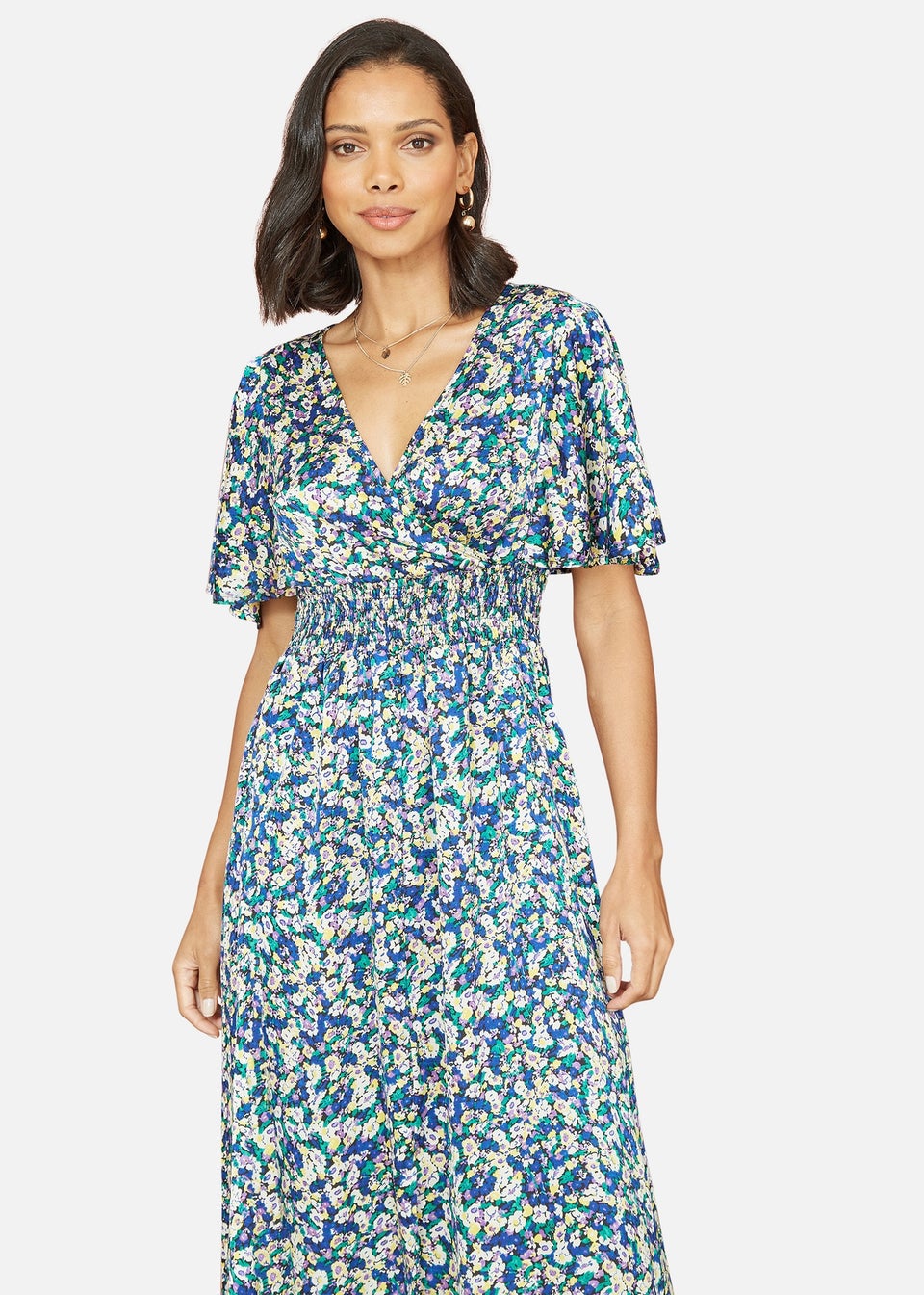 Yumi Blue Satin Ditsy Print Wrap Maxi Dress - Matalan