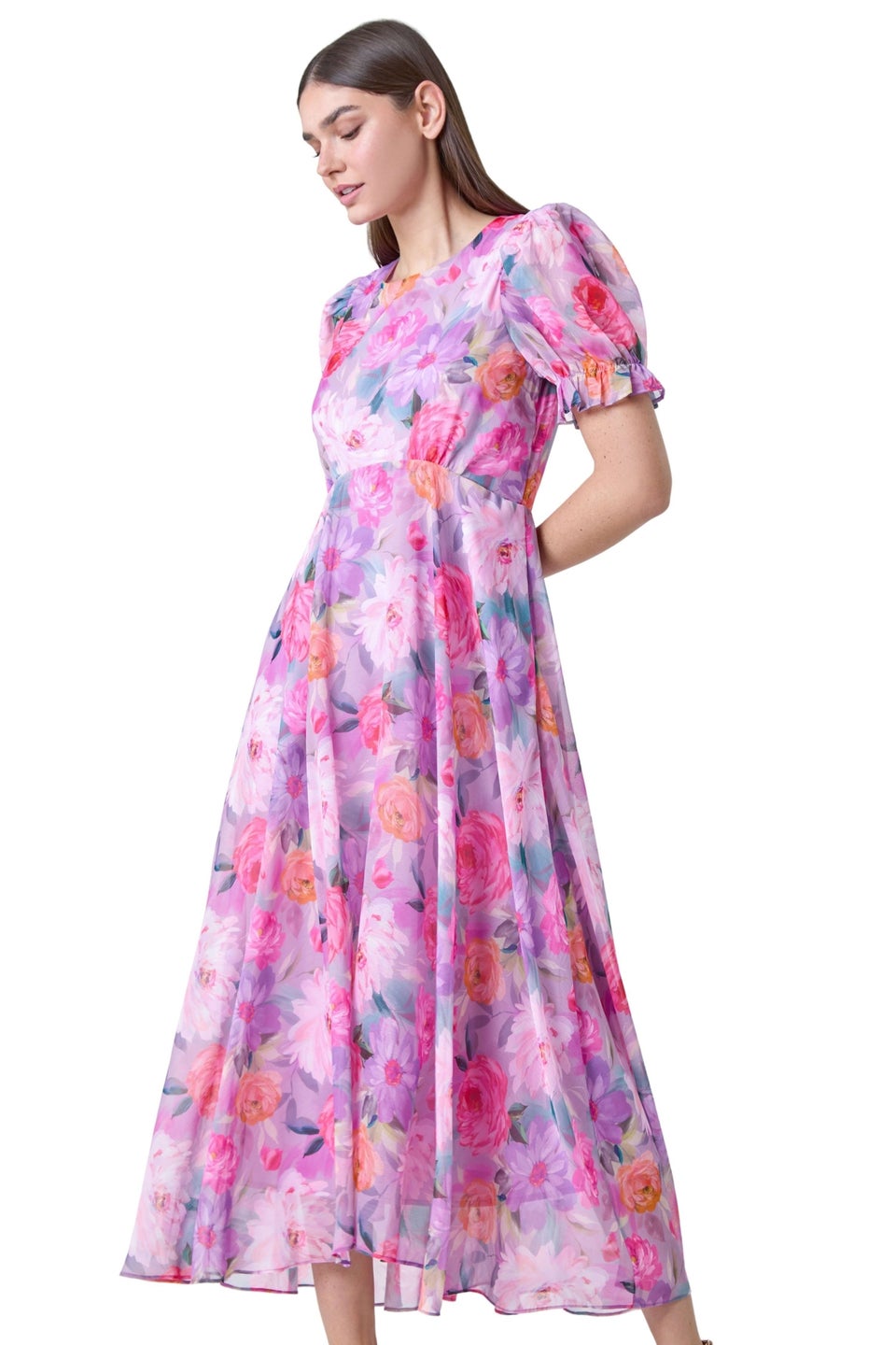Roman Purple Floral Print Puff Sleeve Chiffon Midi Dress - Matalan