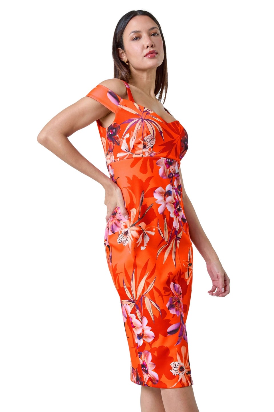 Roman Orange Floral Cold Shoulder Bodycon Dress