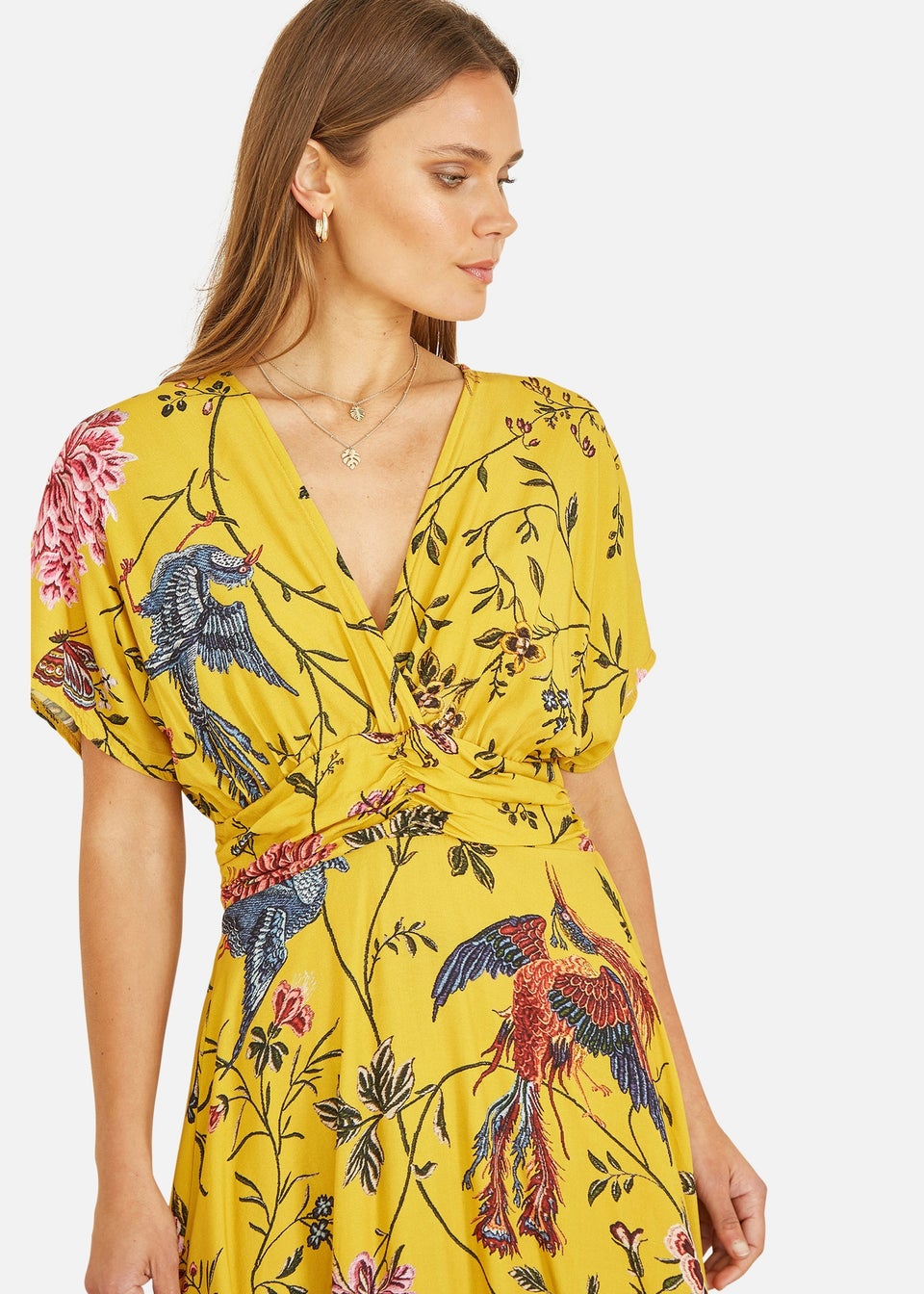 Yellow bird print dress outlet