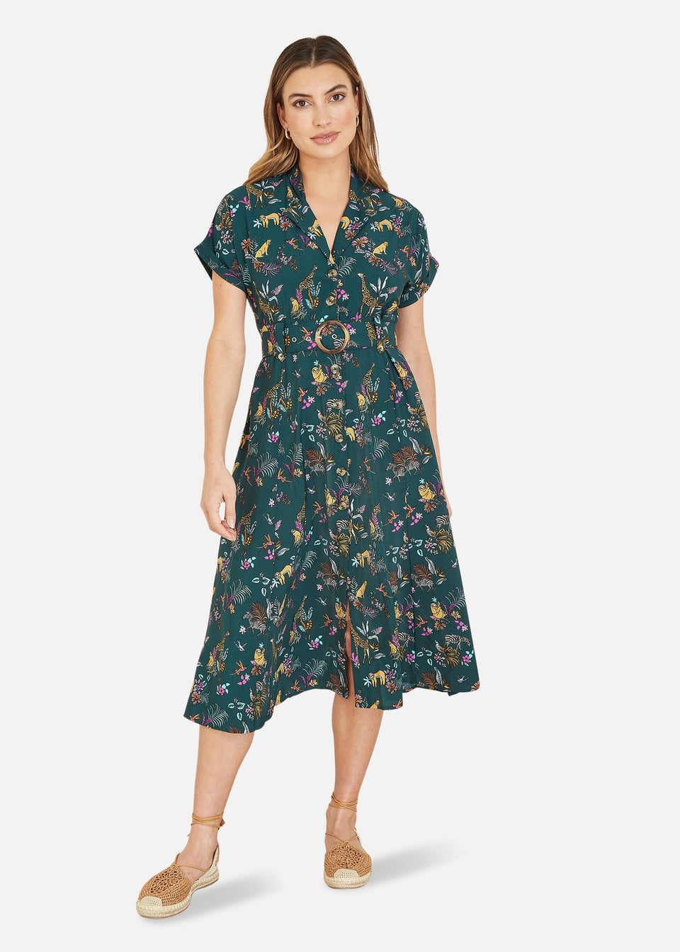 Yumi Green Recycled Animal Safari Print Shirt Dress With Matching Belt Matalan