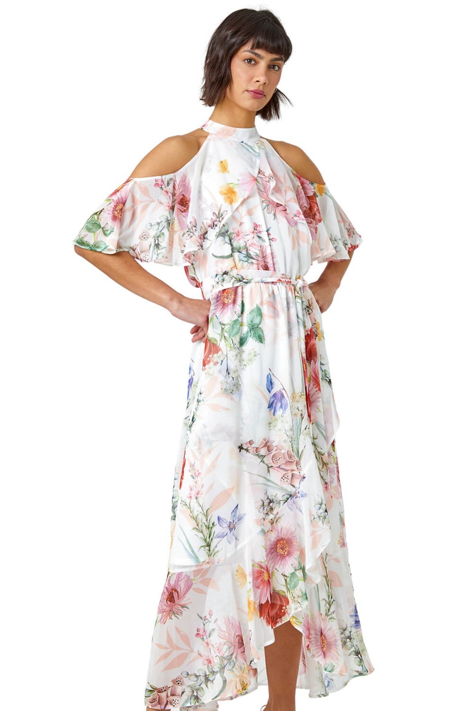 Roman Ivory Halterneck Floral Chiffon Frill Dress