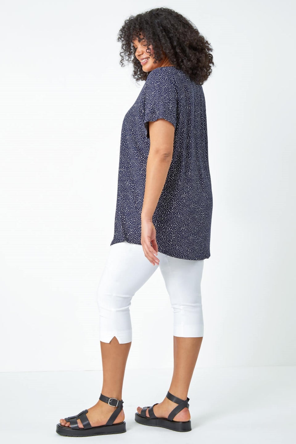 Roman Navy Curve Ditsy Spot Print V-Neck Stretch Top