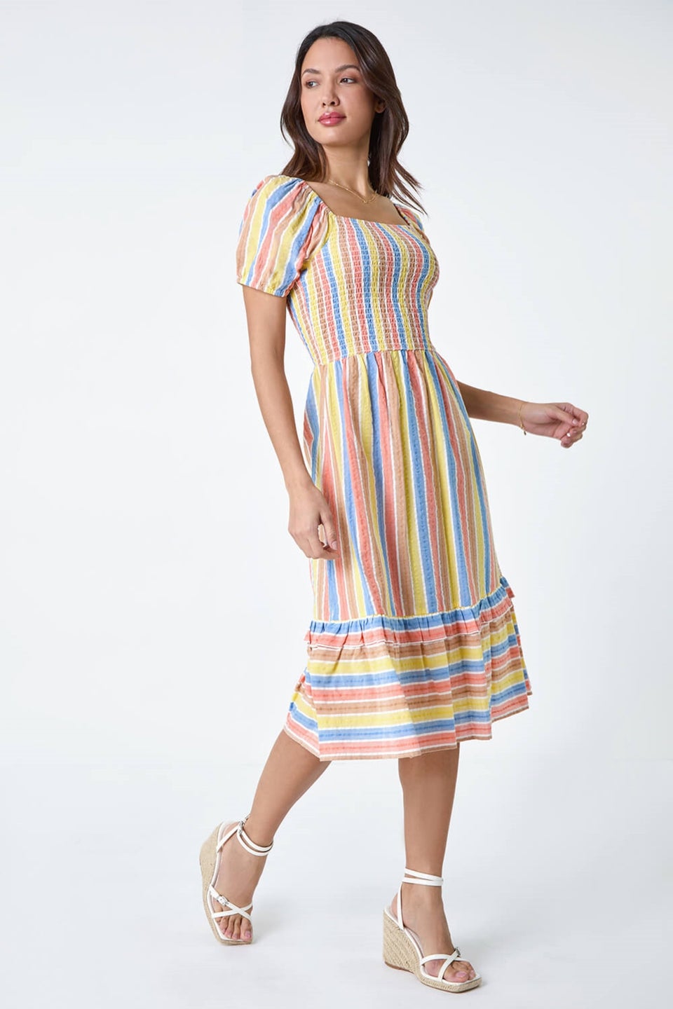 Roman Yellow Stripe Shirred Puff Sleeve Cotton Dress
