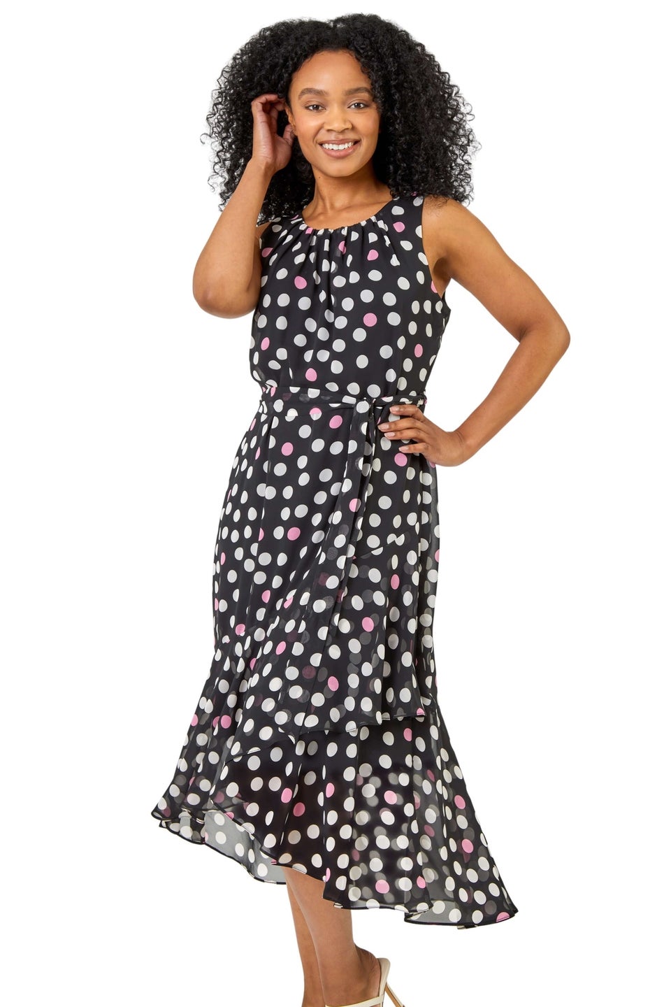 Roman Petite Black Petite Spot Print Frill Trim Asymmetric Dress Matalan
