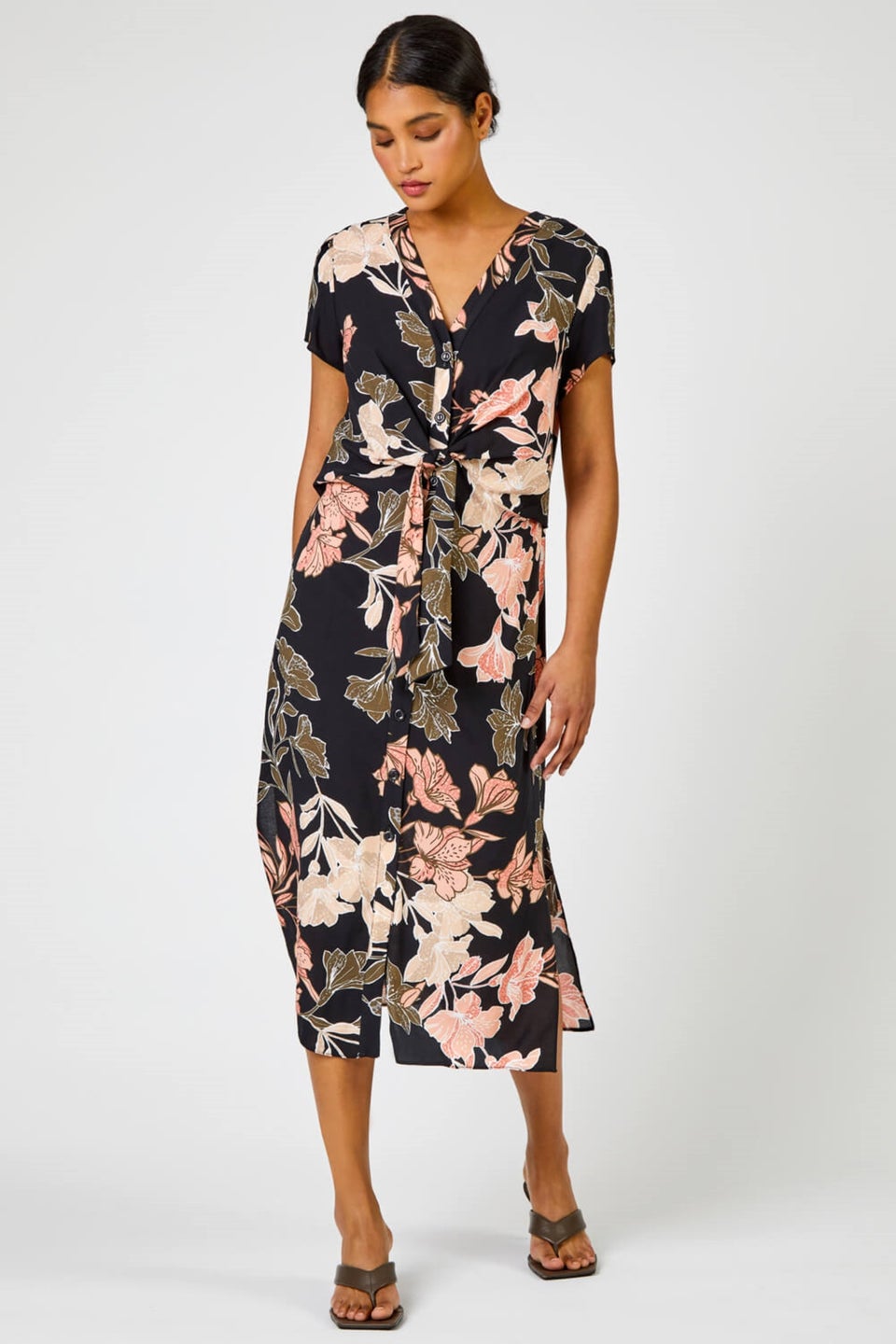 Roman Black Tropical Print Tie Knot Detail Dress