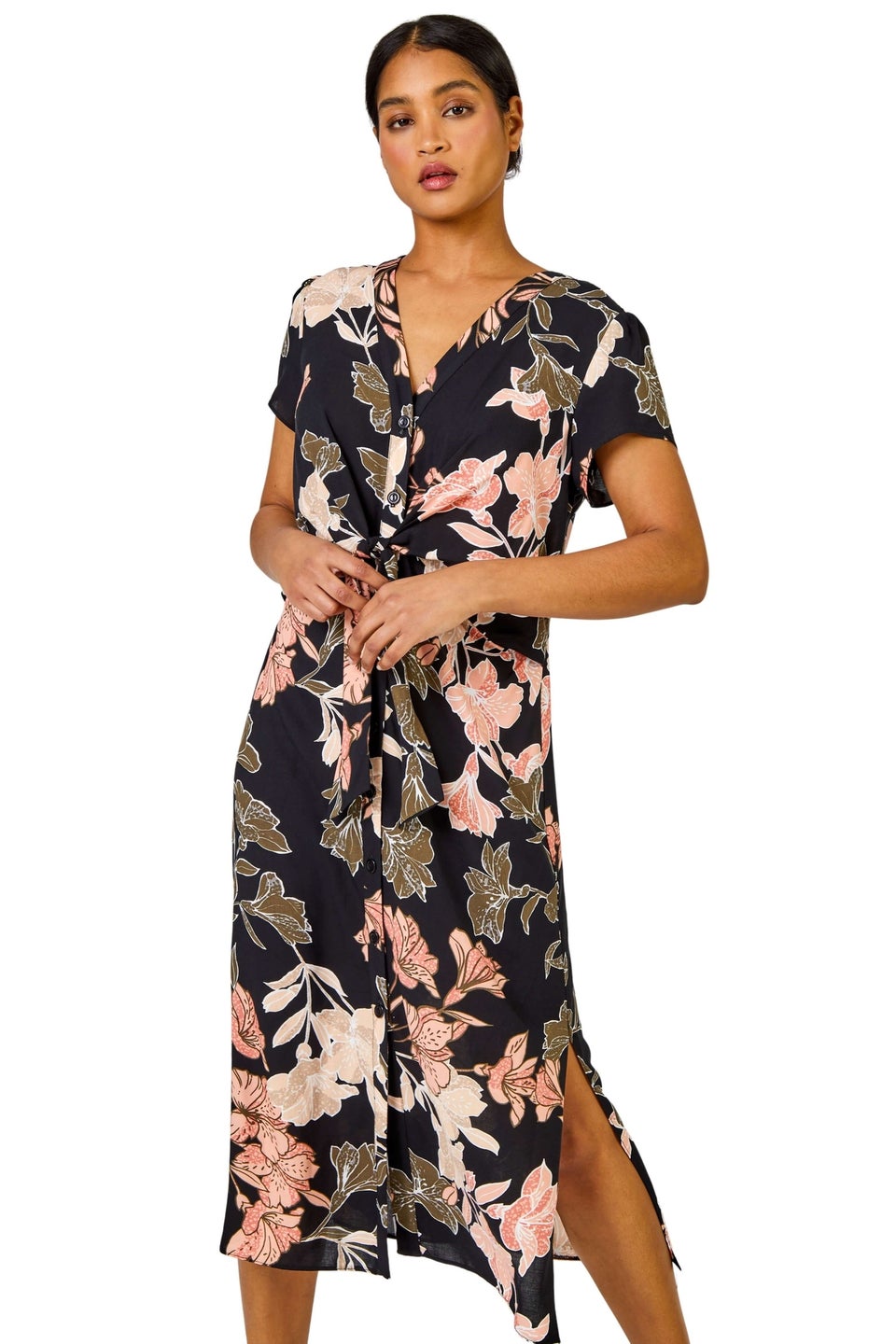 Roman Black Tropical Print Tie Knot Detail Dress