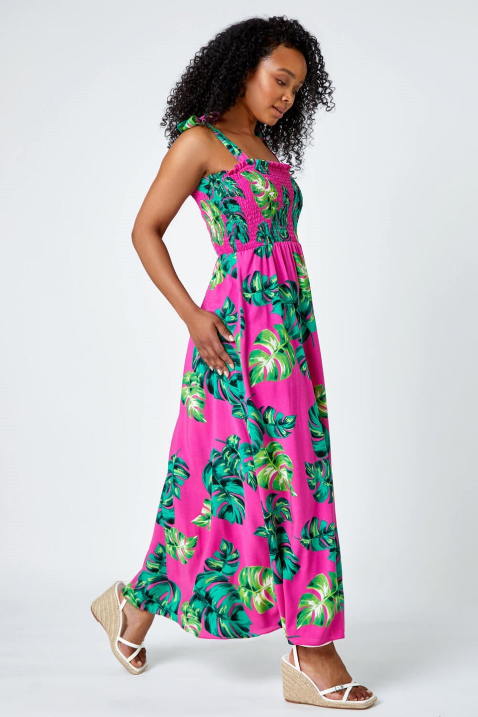 Roman Petite Pink Petite Tropical Print Shirred Maxi Dress - Matalan