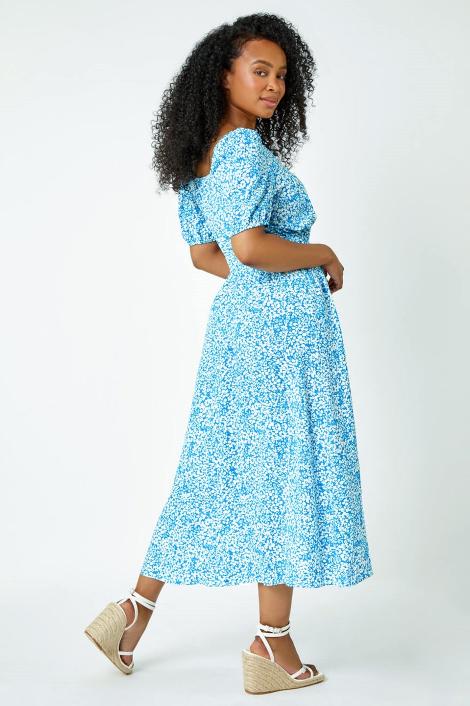 Roman Blue Petite Ditsy Floral Stretch Midi Dress