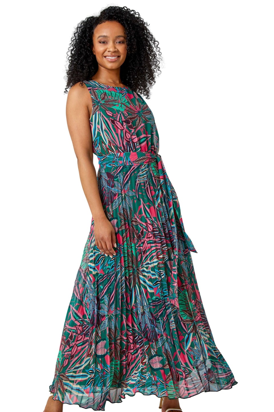 Roman Petite Green Petite Floral Pleated Chiffon Maxi Dress