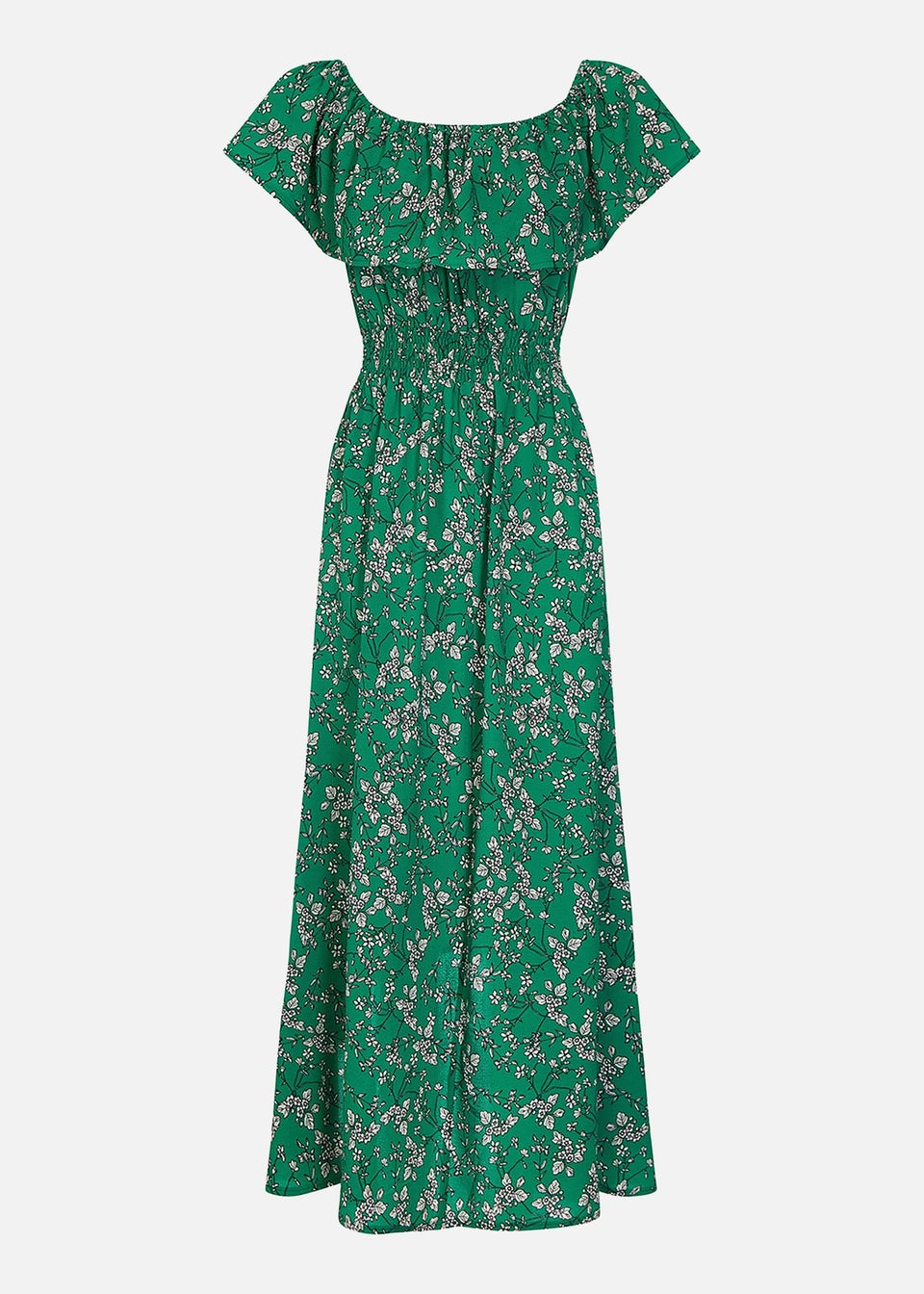 Mela Green Ditsy Print Bardot Dipped Hem Dress