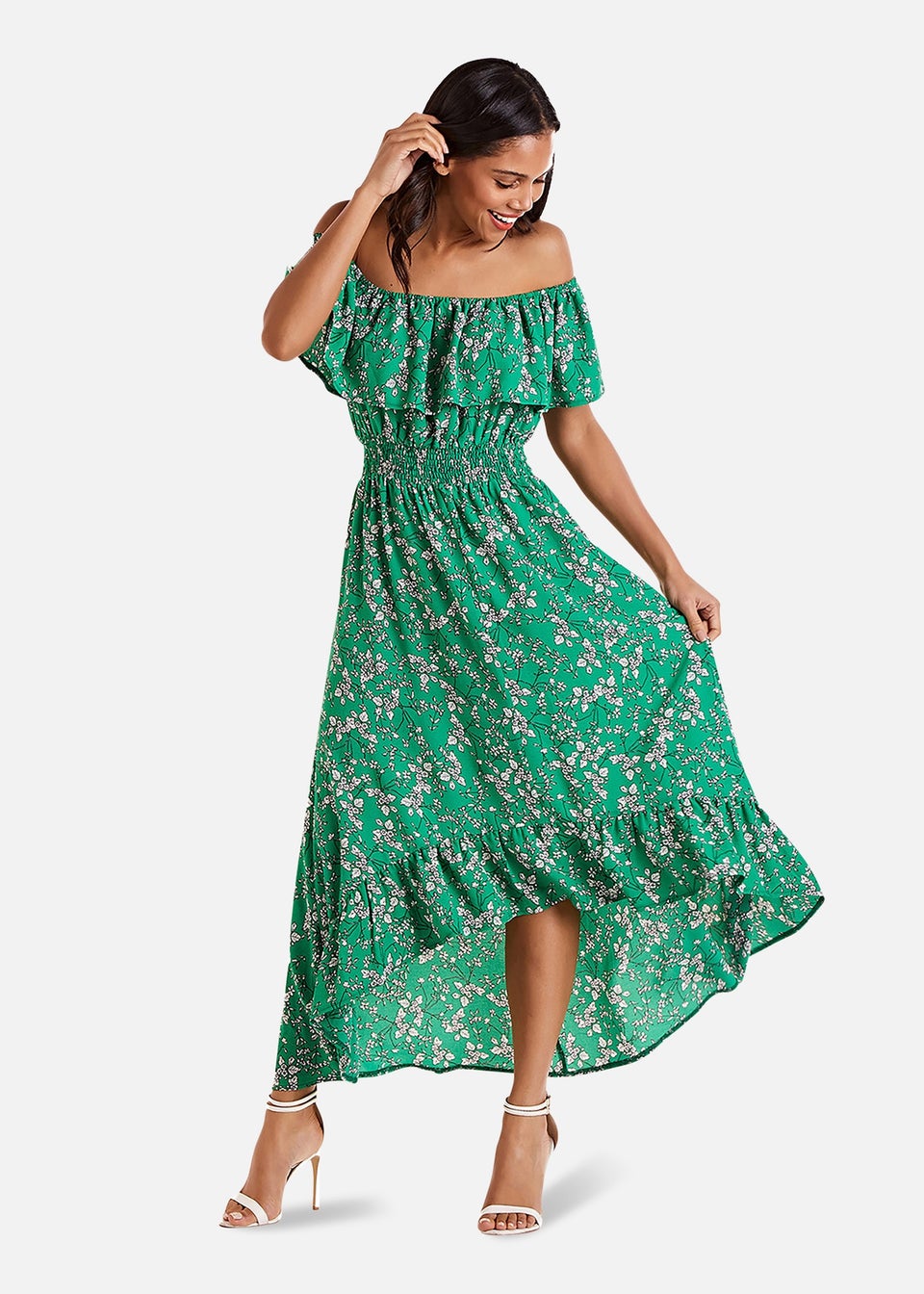 Mela Green Ditsy Print Bardot Dipped Hem Dress