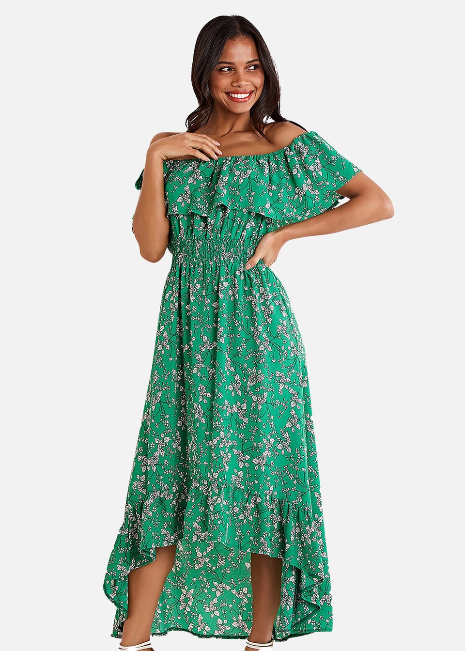 Mela Green Ditsy Print Bardot Dipped Hem Dress