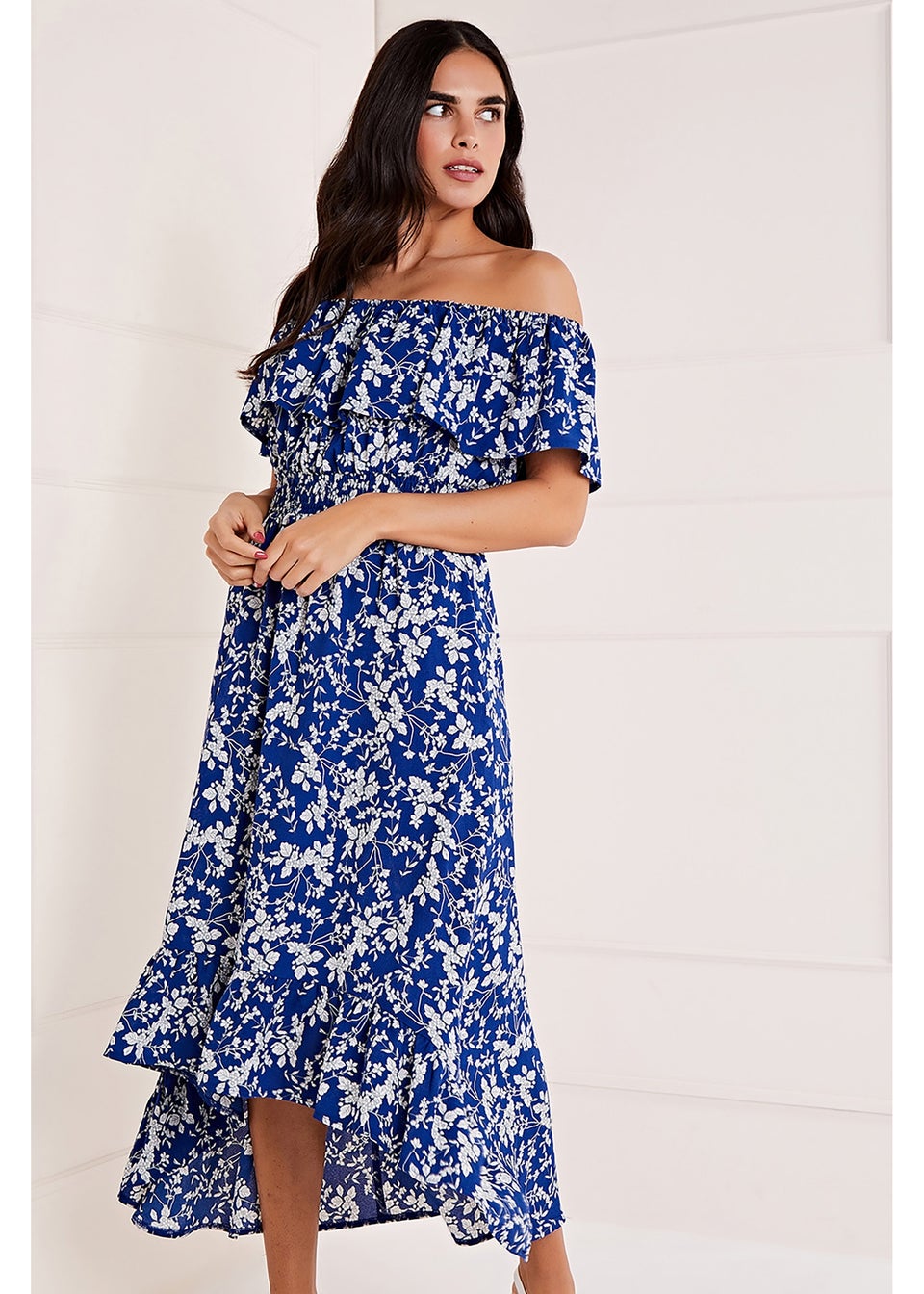 Grey embroidered bardot dip hem dress top