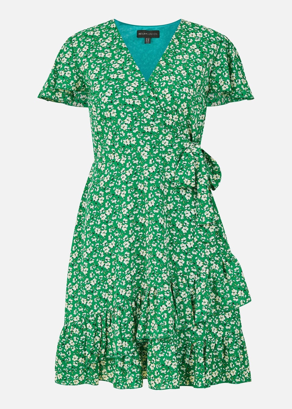 Mela Green Ditsy Floral Wrap Frill Dress - Matalan