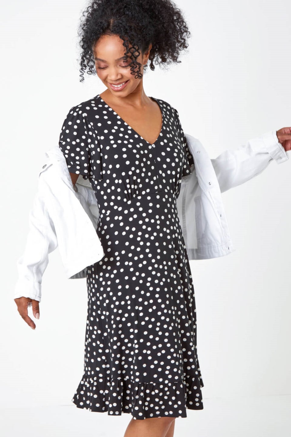 Roman Petite Black Petite Polka Dot Frill Hem Stretch Dress - Matalan