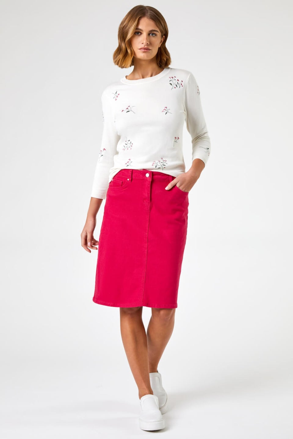 Pink denim stretch skirt online