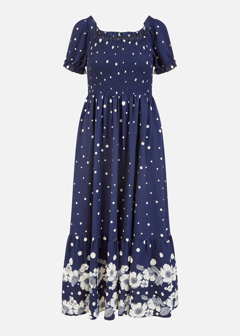 Mela Navy Spot And Floral Print Border Ruched Midi Dress