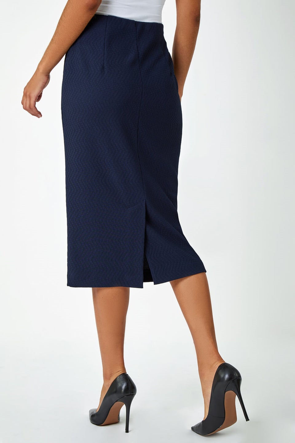 Roman Navy Textured Elastic Waist Pencil Midi Skirt