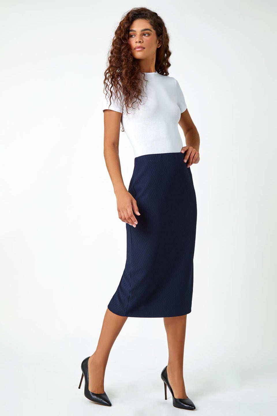 Roman Navy Textured Elastic Waist Pencil Midi Skirt Matalan