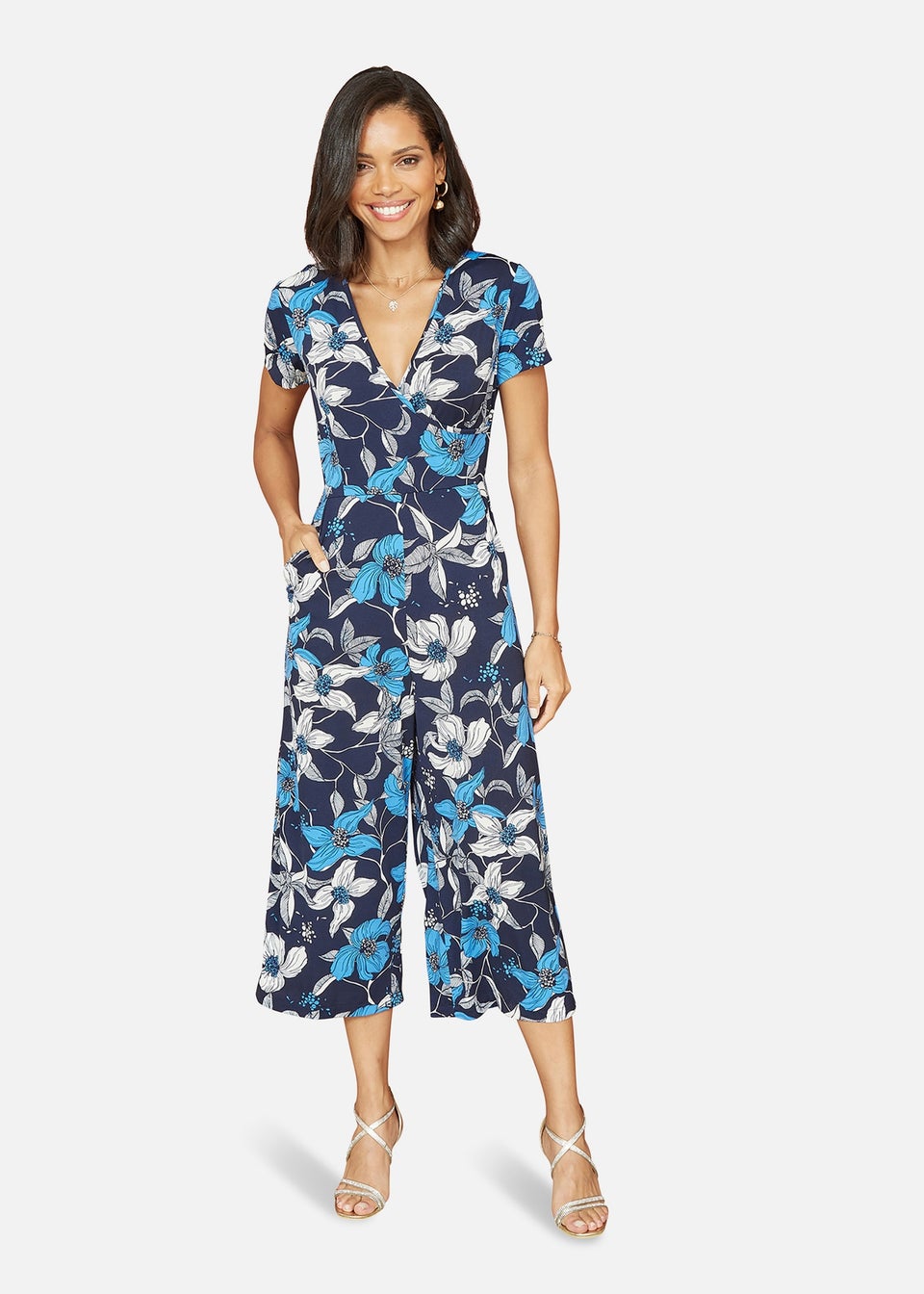 Mela Blue Floral Print Wrap Over Stretch Jumpsuit