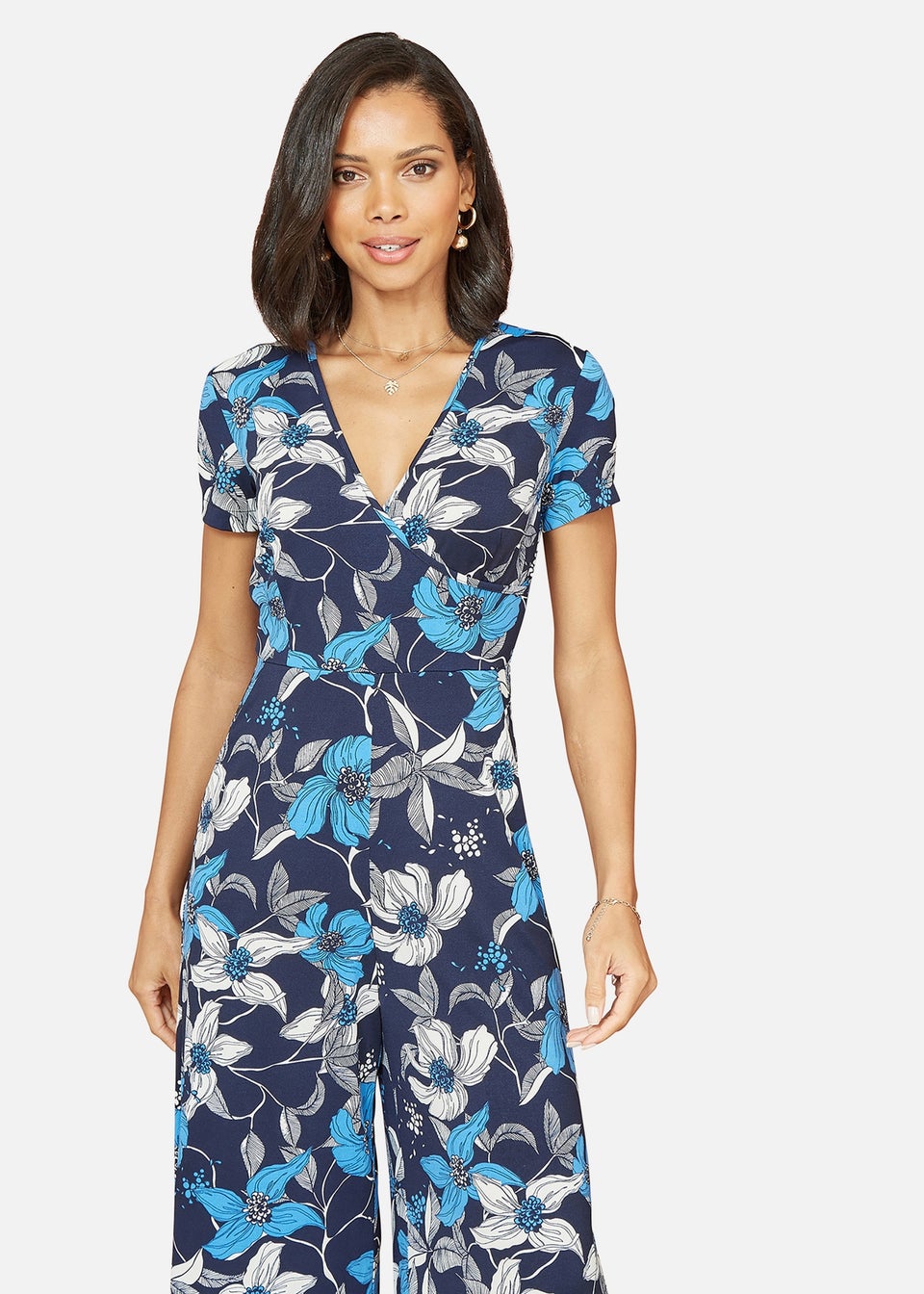 Mela Blue Floral Print Wrap Over Stretch Jumpsuit
