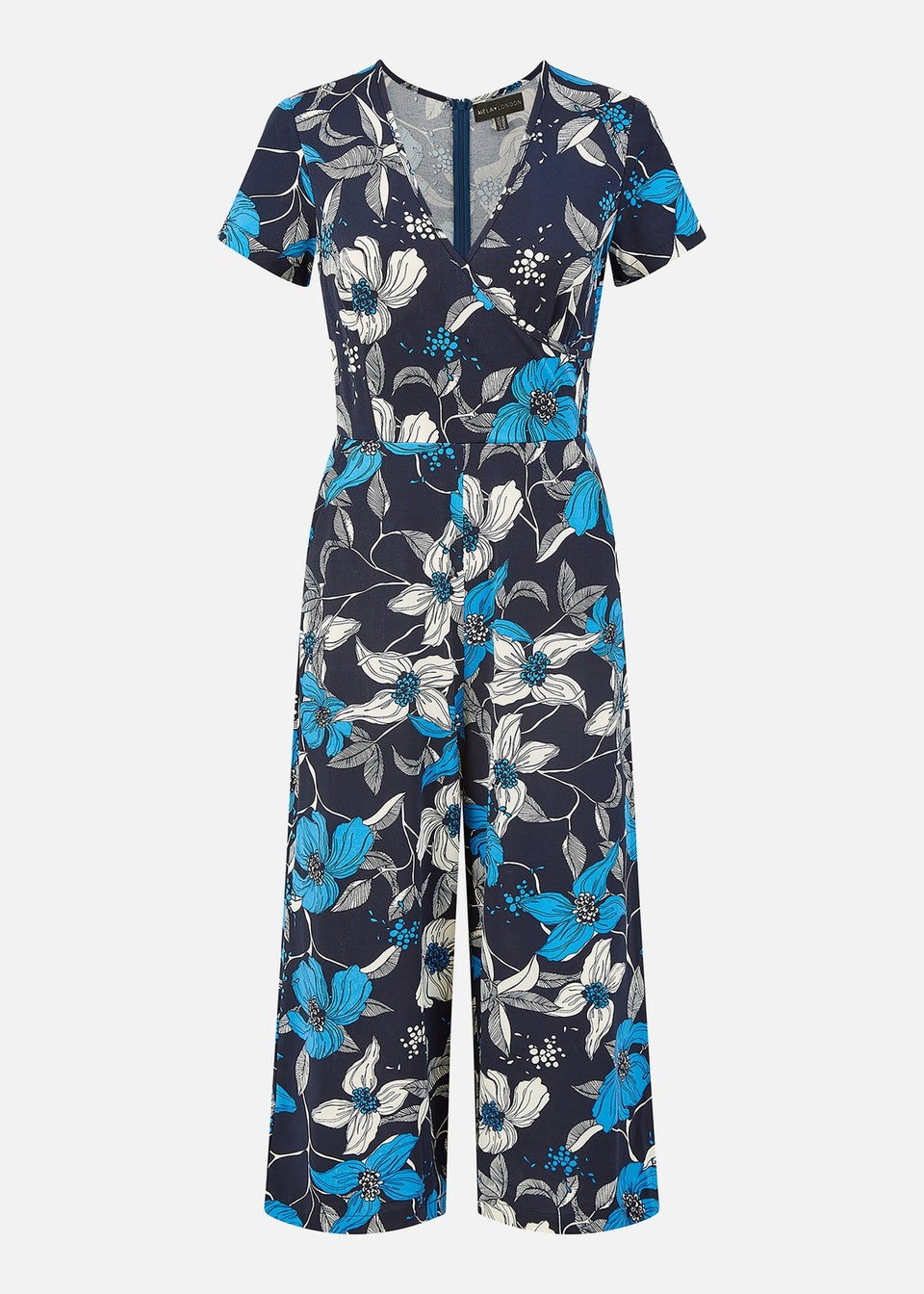Mela Blue Floral Print Wrap Over Stretch Jumpsuit