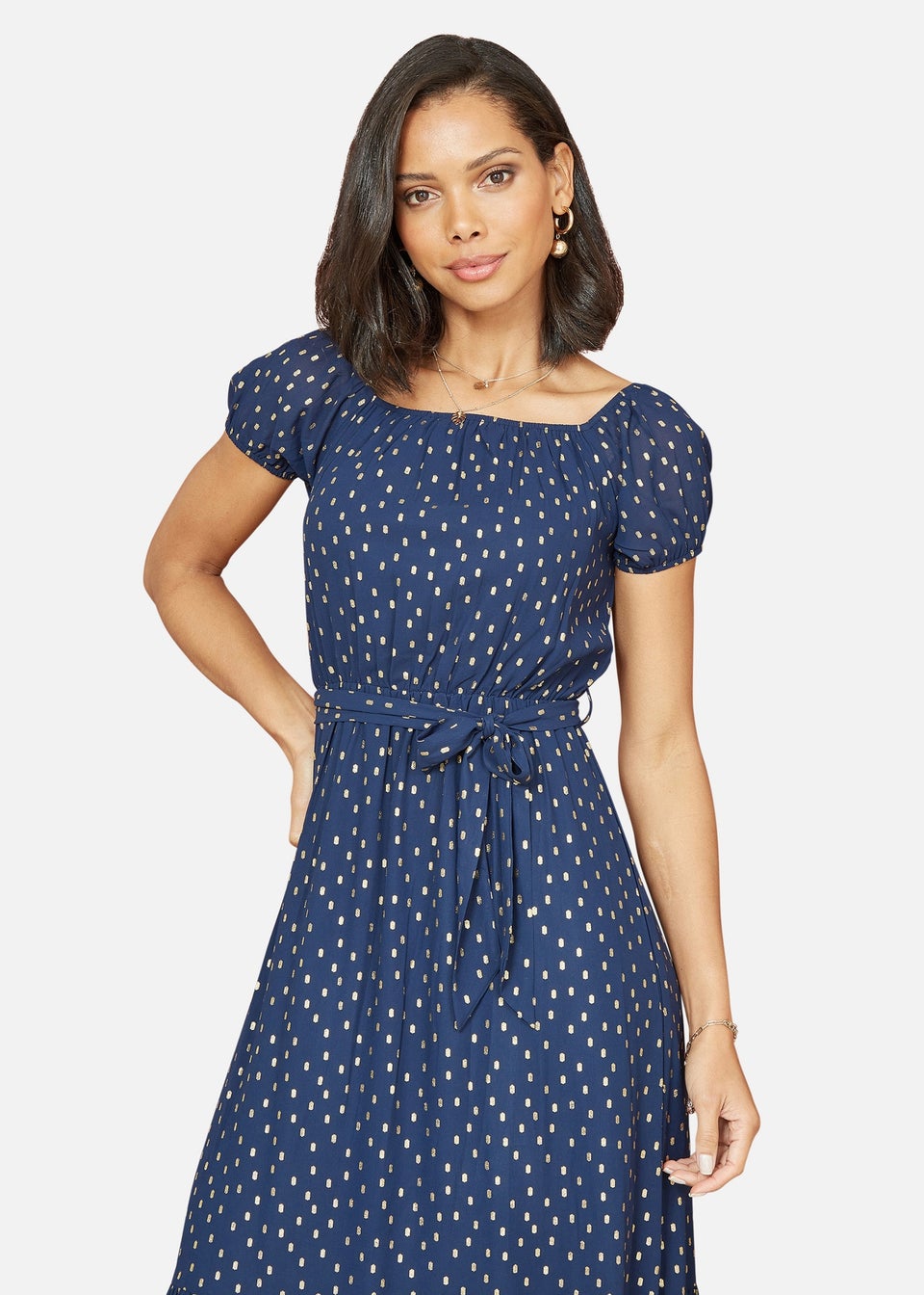 Mela Navy Foil Print Bardot Midi Dress - Matalan