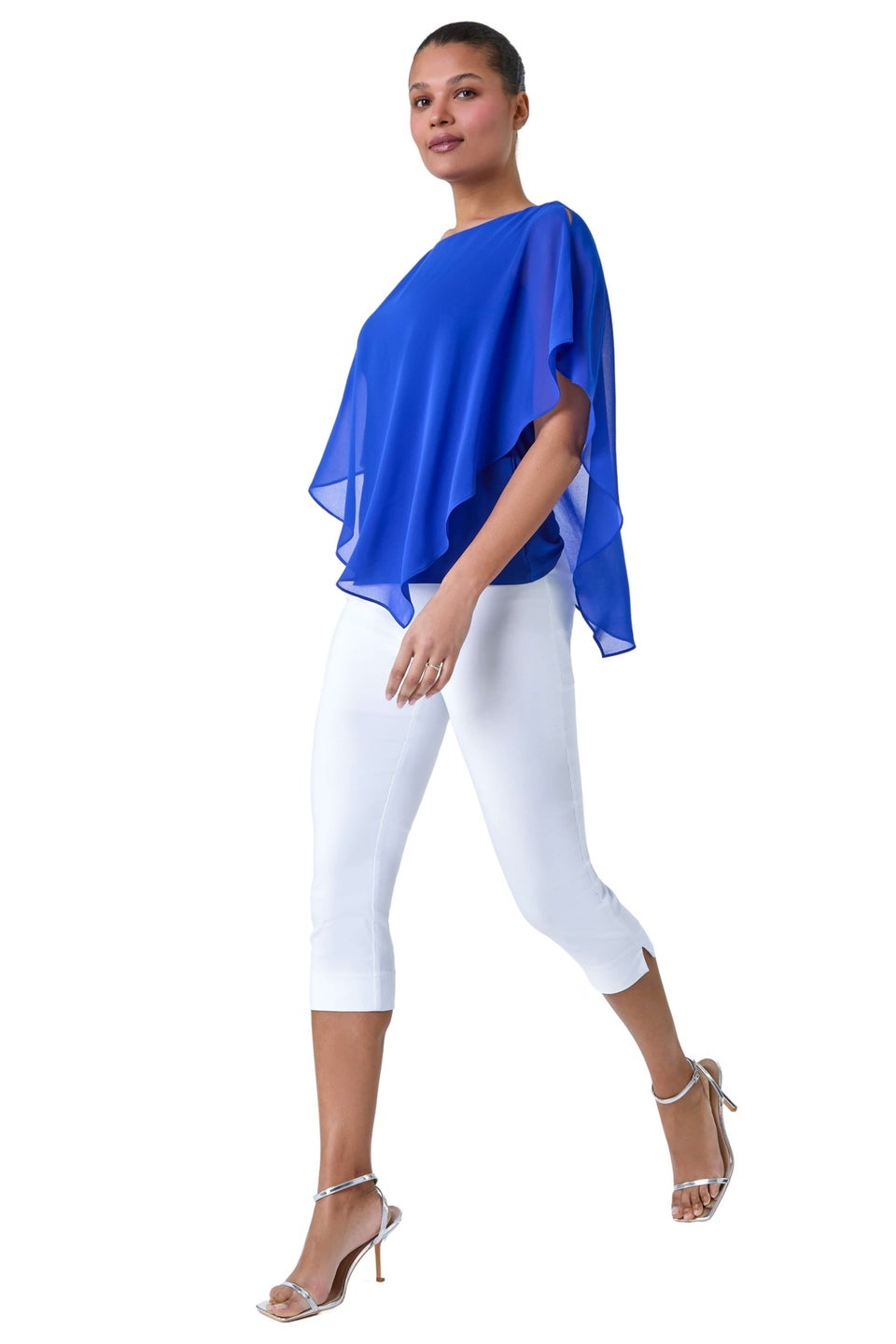 Roman Royal Blue Asymmetric Cold Shoulder Stretch Chiffon Top