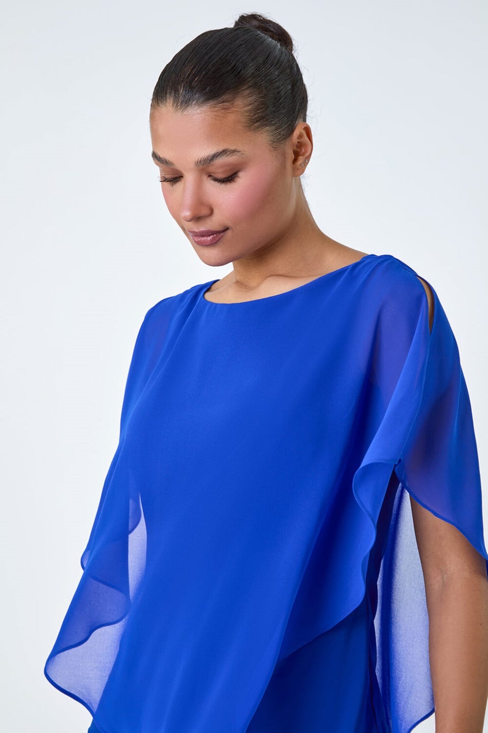 Roman Royal Blue Asymmetric Cold Shoulder Stretch Chiffon Top