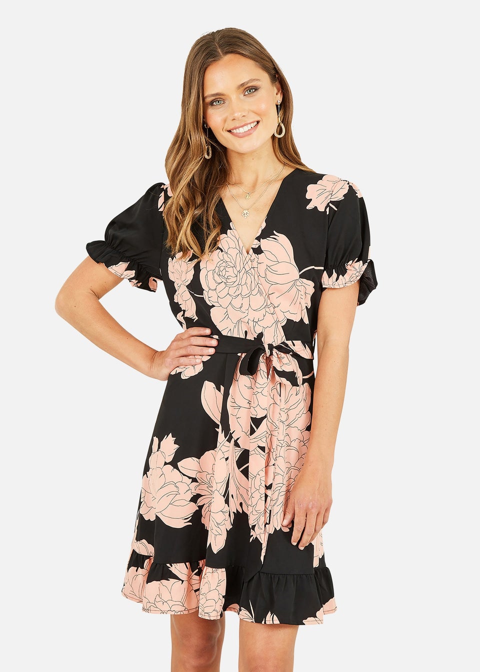 Mela Black Blossom Print Wrap Dress With Puff Sleeves - Matalan
