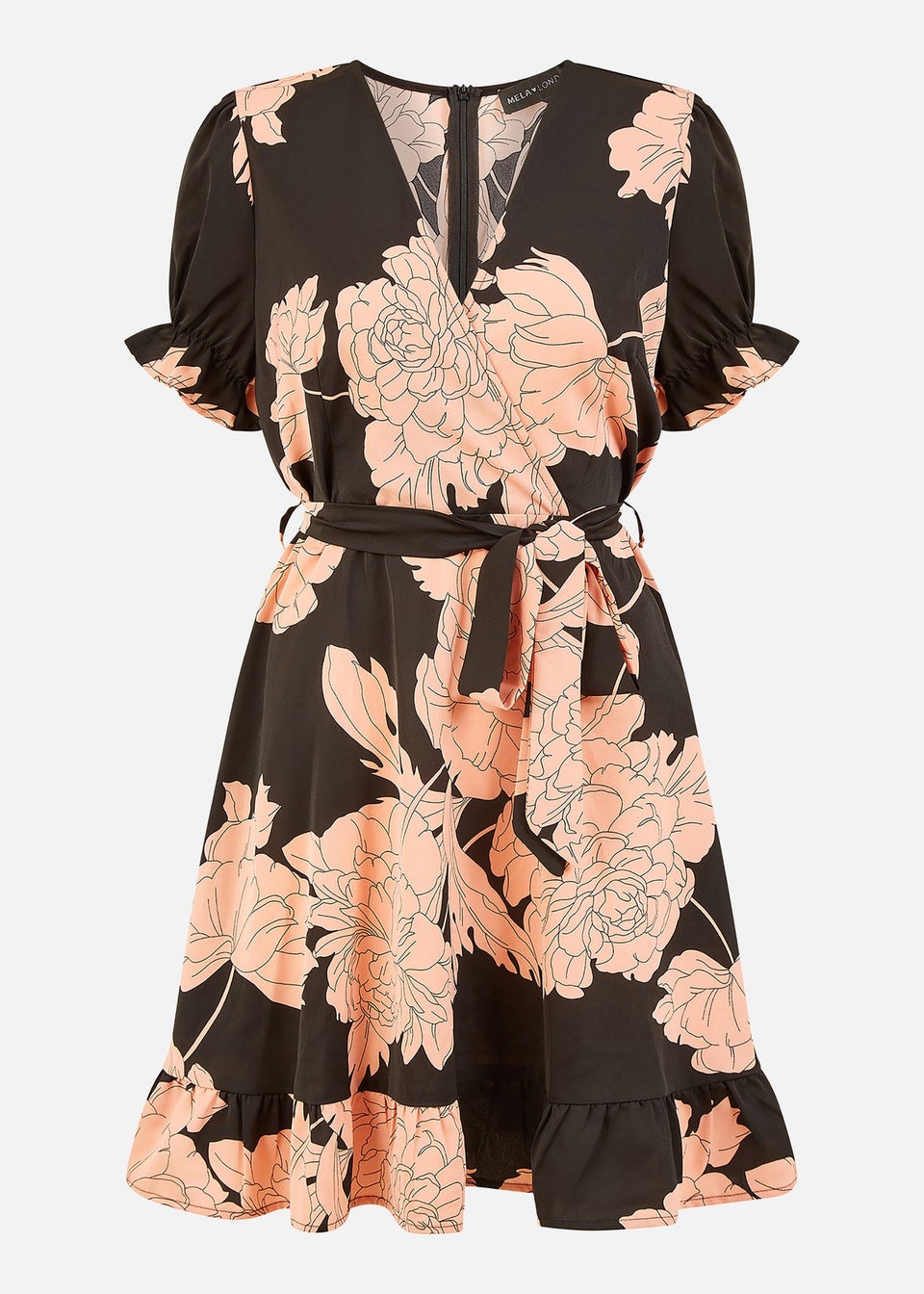 Mela Black Blossom Print Wrap Dress With Puff Sleeves - Matalan