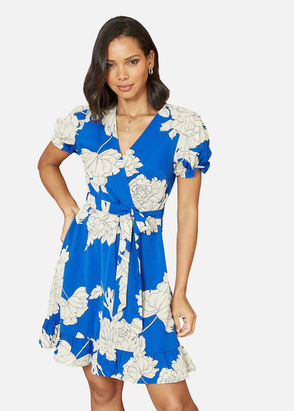Mela Blue Blossom Print Wrap Dress With Puff Sleeves - Matalan